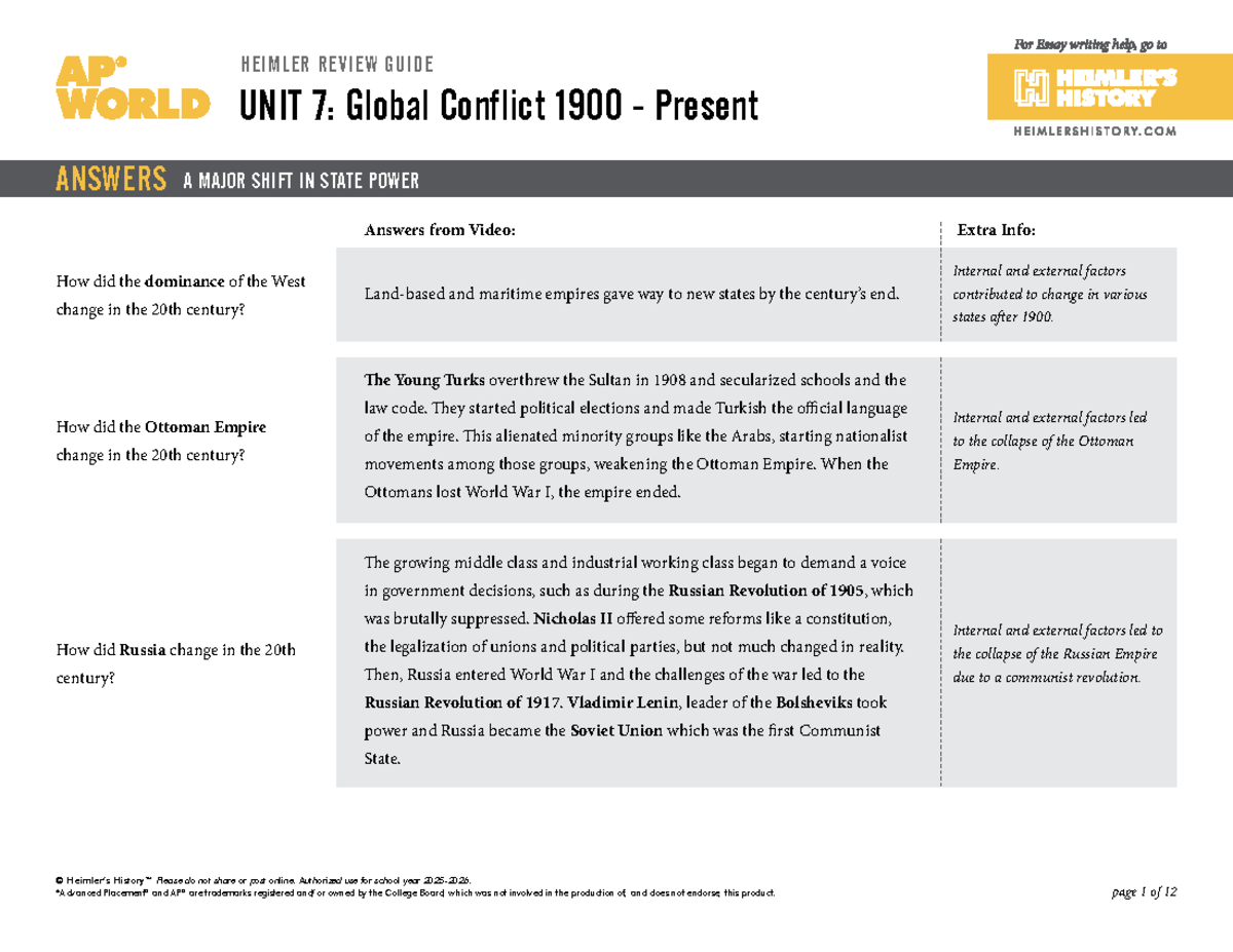 AP World History Review Guide Unit 7: Global Conflict 1900-Present ...