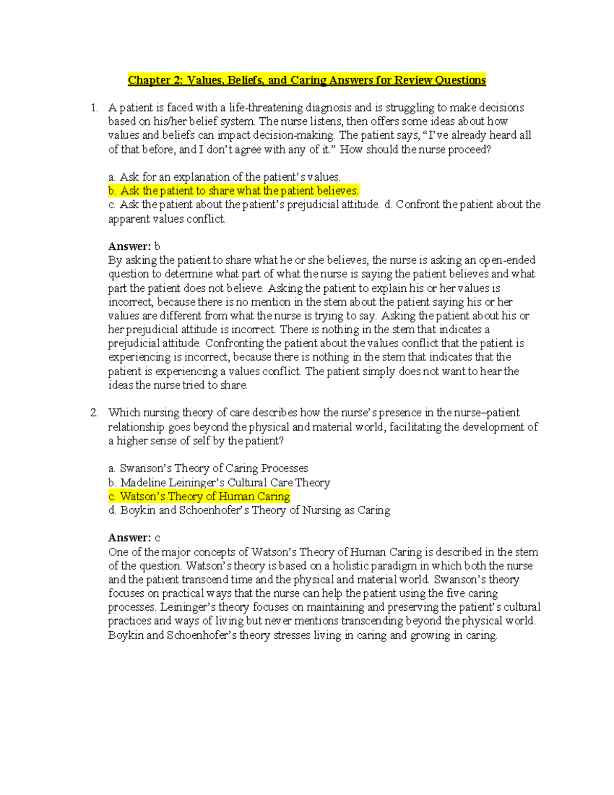 FUND NUR 201 - Chapter 2 Notes: Values, Beliefs, Caring in Nursing ...