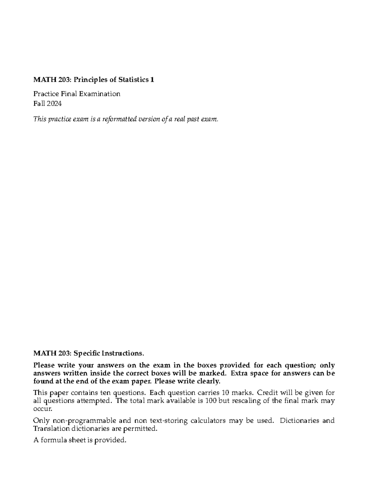 Math203 2024 Practice exam - MATH 203: Principles of Statistics 1 ...