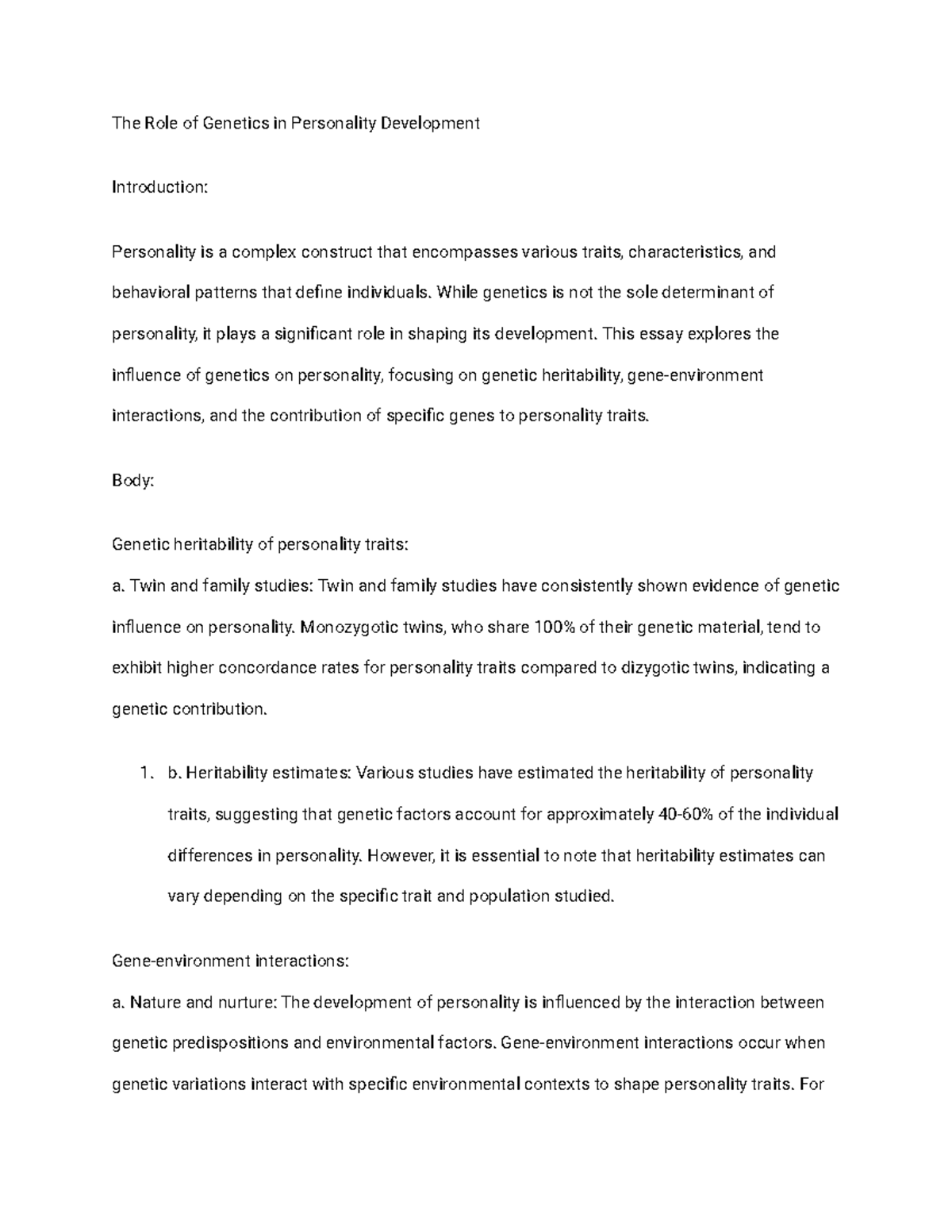 Bio pysch #8 - essay - The Role of Genetics in Personality Development ...
