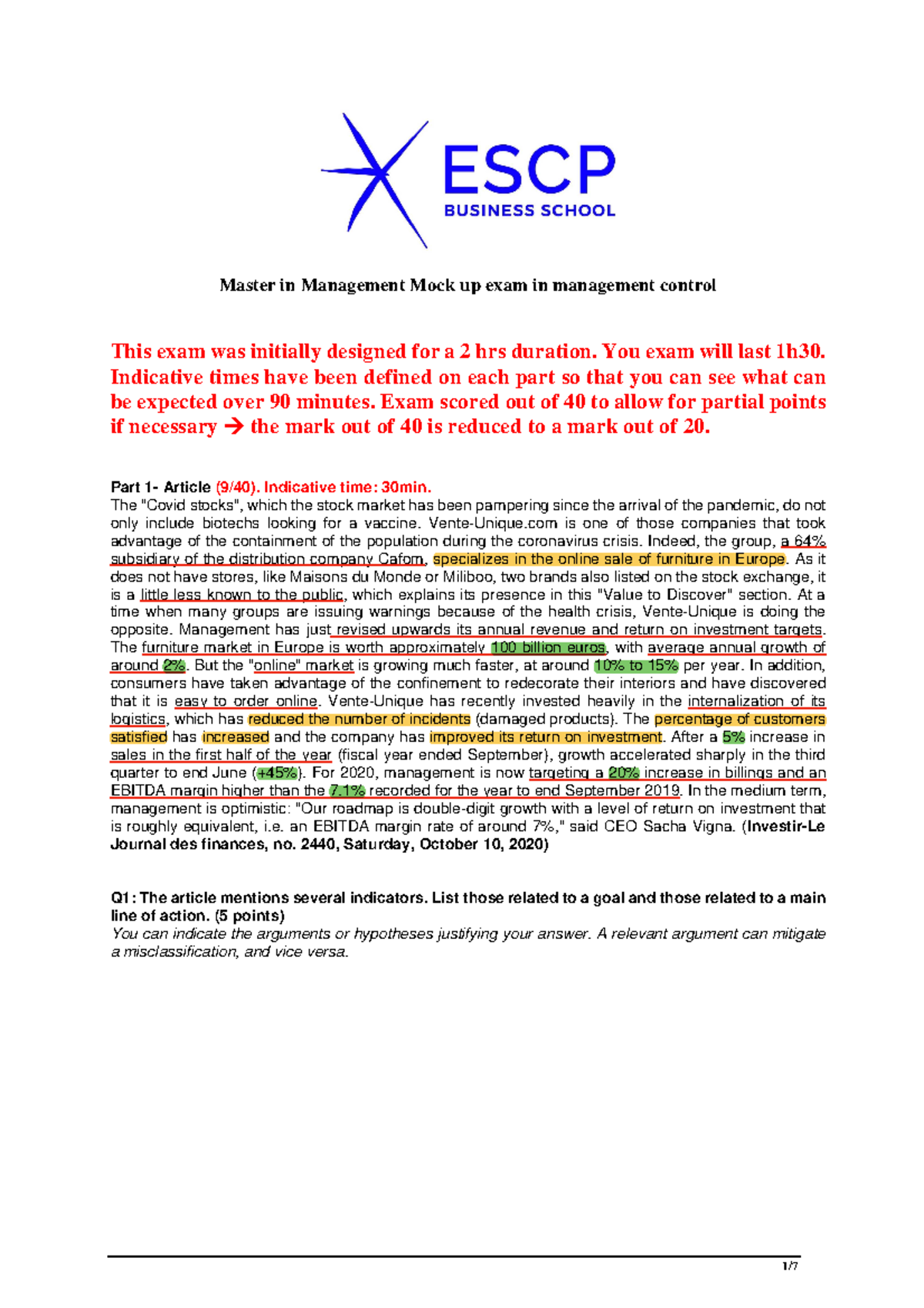Master in Management Mgt Control Mock Exam Questions: Overview ...