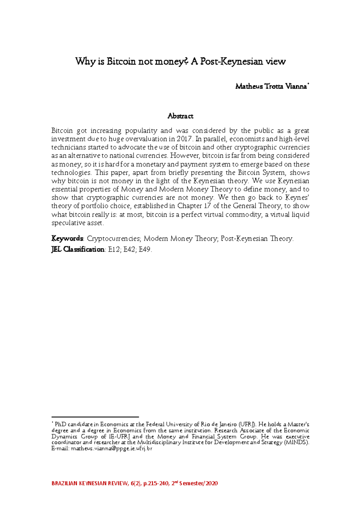 Bitcoin as a Non-Money: A Keynesian Analysis (E49) - Studocu