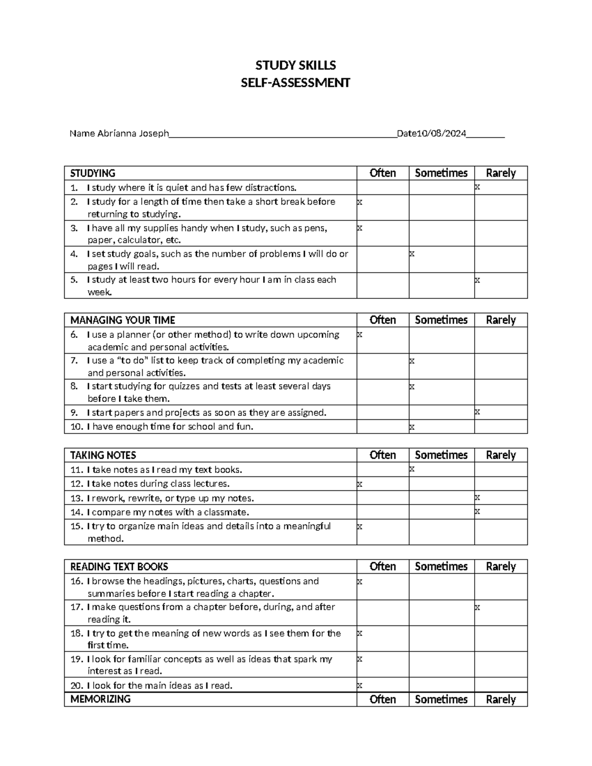 Study skills self assessment 1 - STUDY SKILLS SELF-ASSESSMENT Name ...