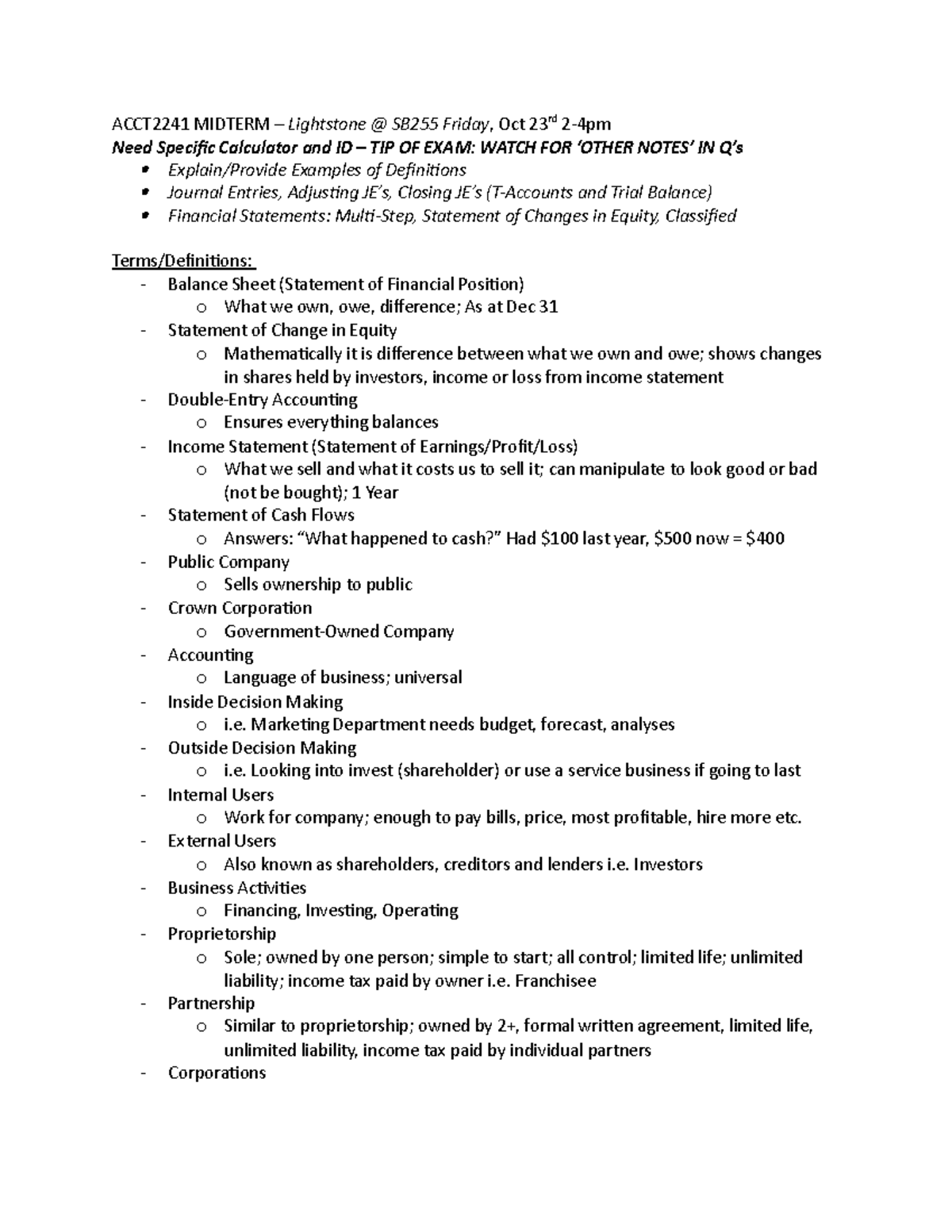 ACCT2241 – Midterm Review Notes and Key Concepts for Exam Preparation ...