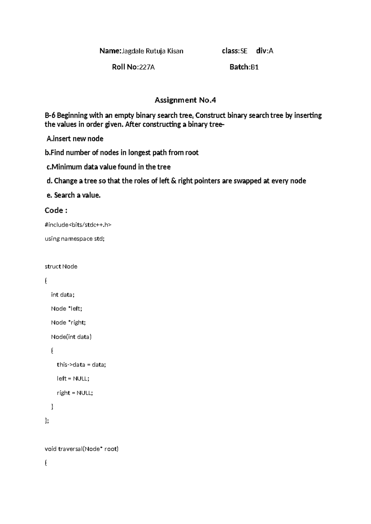 SE-A B1 Assignment 4: Binary Search Tree Construction and Operations ...