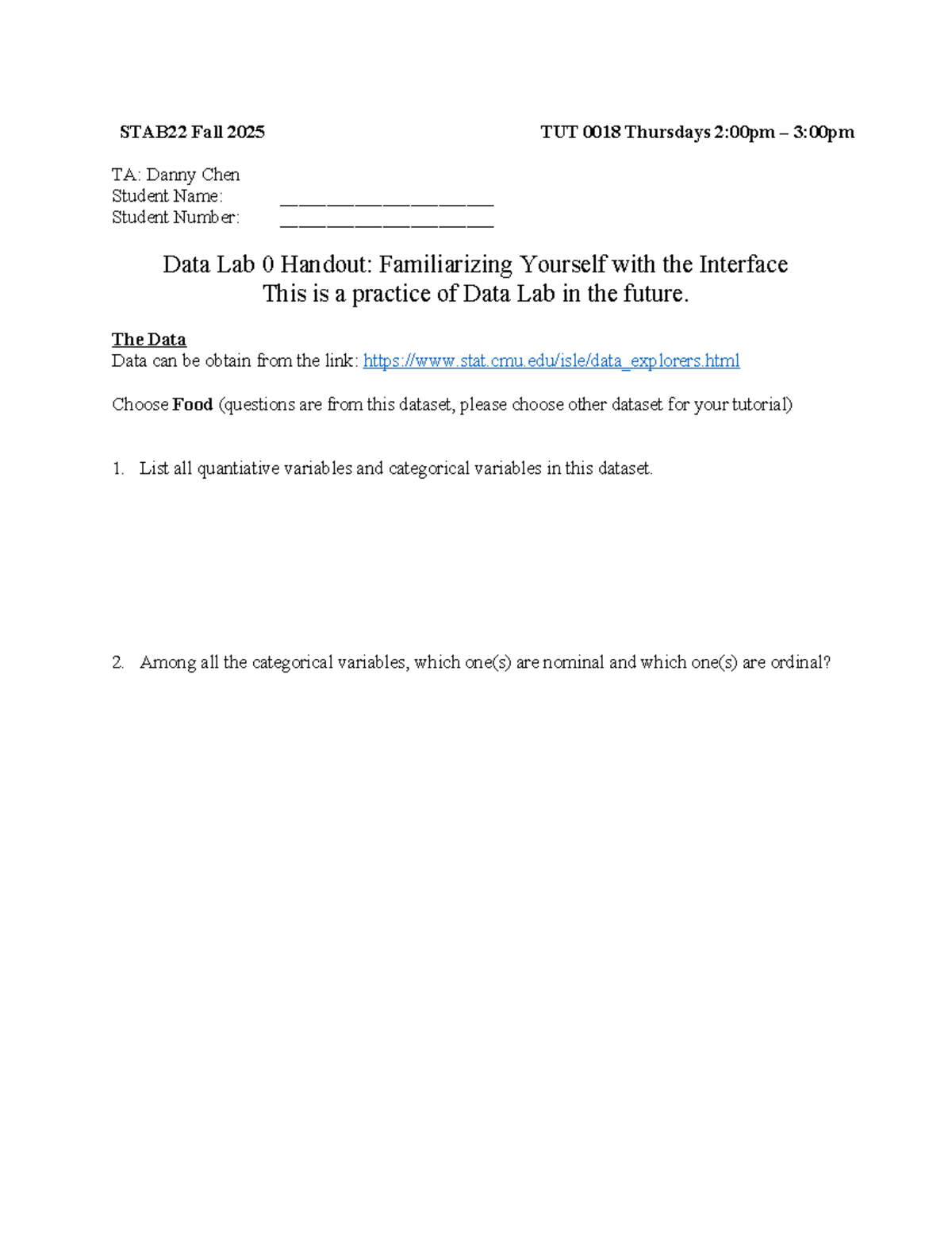 STAB22 Fall 2025 Data Lab: Familiarizing with the Interface - Studocu