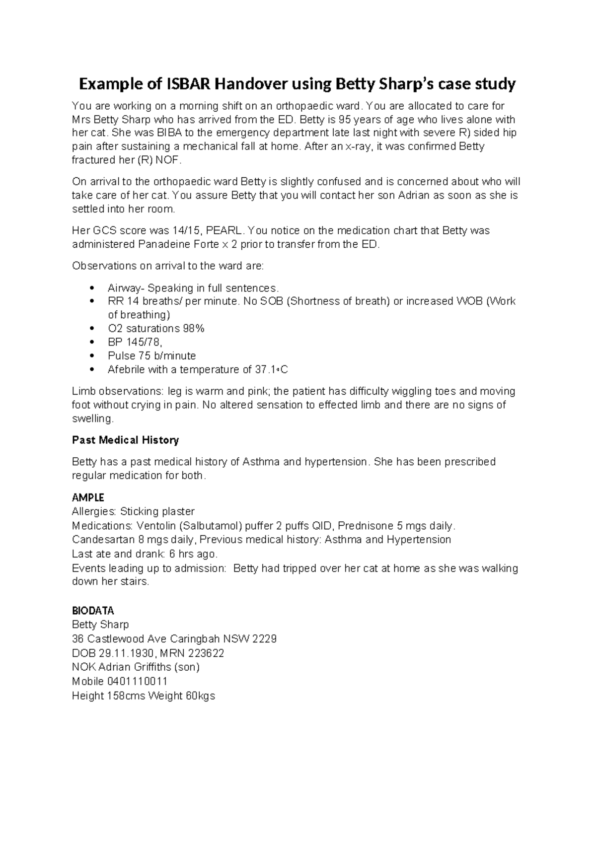 ISBAR Handover Example: Betty Sharp Case Study Guide - Studocu