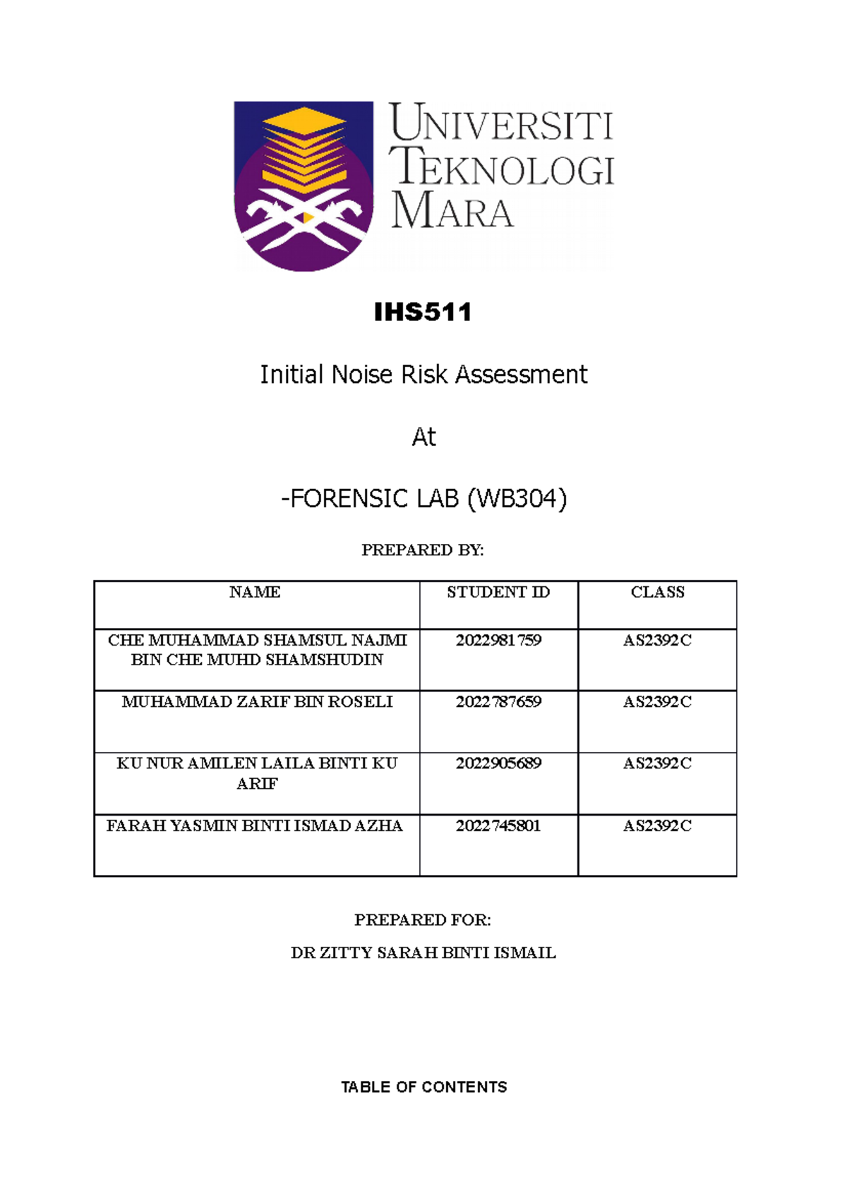 IHS511 Assignment Report - IHS Initial Noise Risk Assessment At ...
