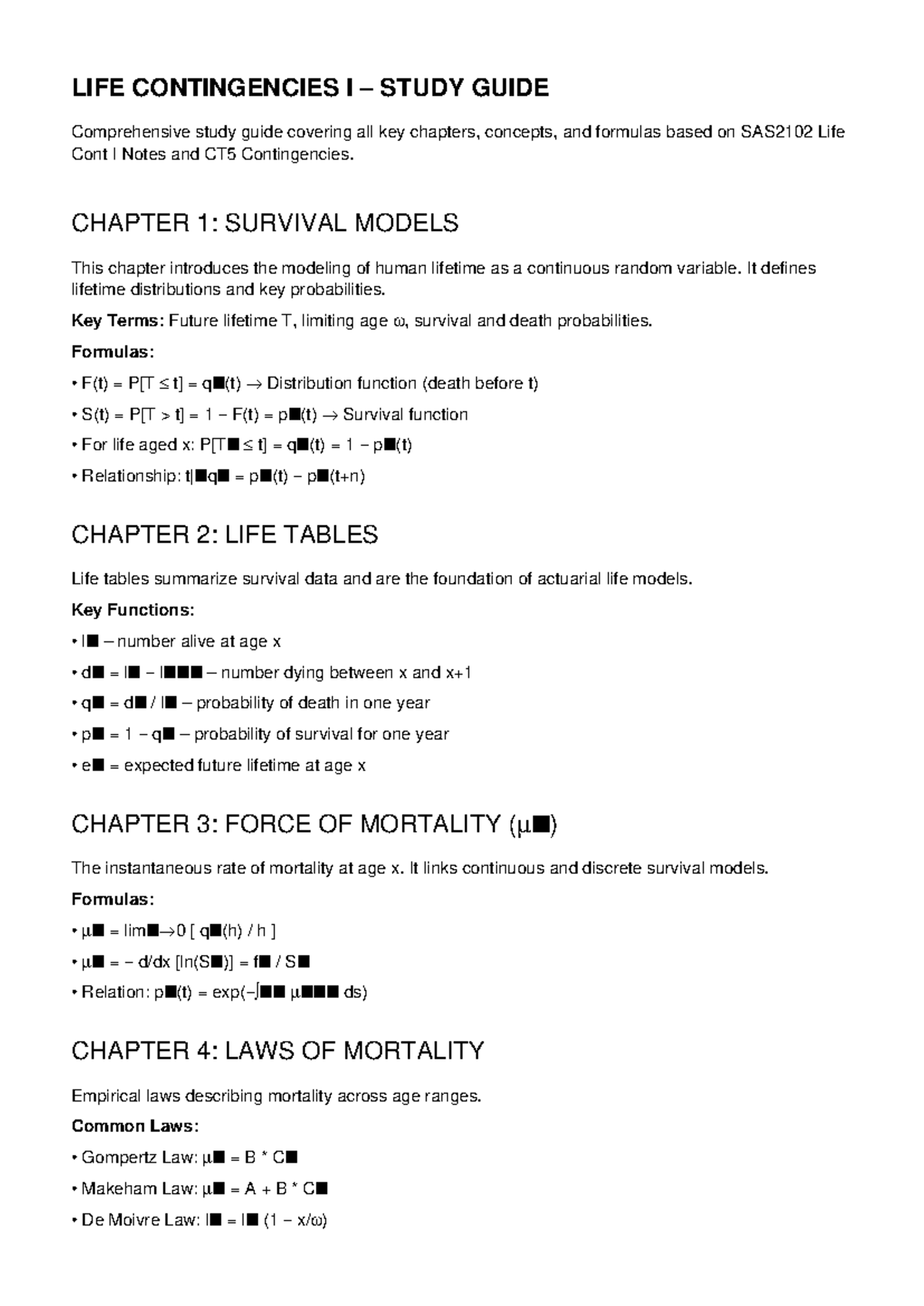 LIFE CONTINGENCIES I STUDY GUIDE: Key Concepts & Formulas - Studocu