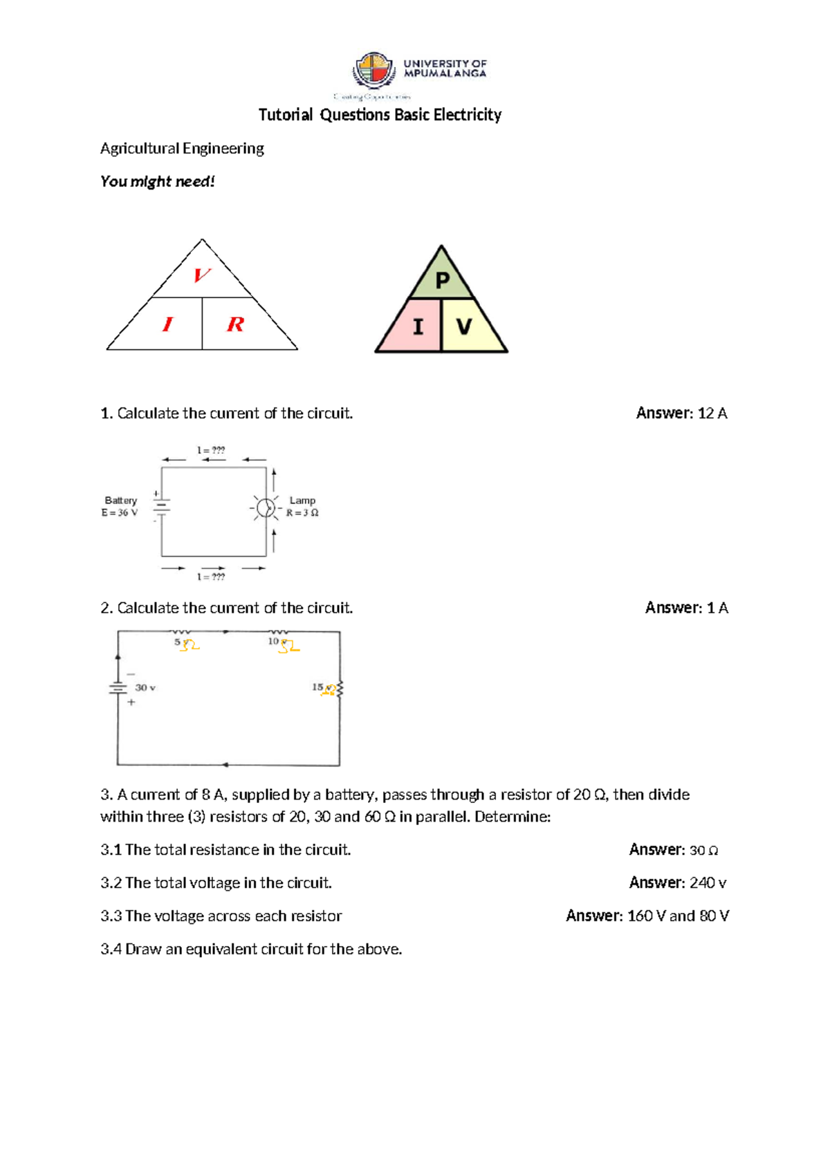 Basic Electricity Tutorial Questions for Agricultural Engineering - Studocu