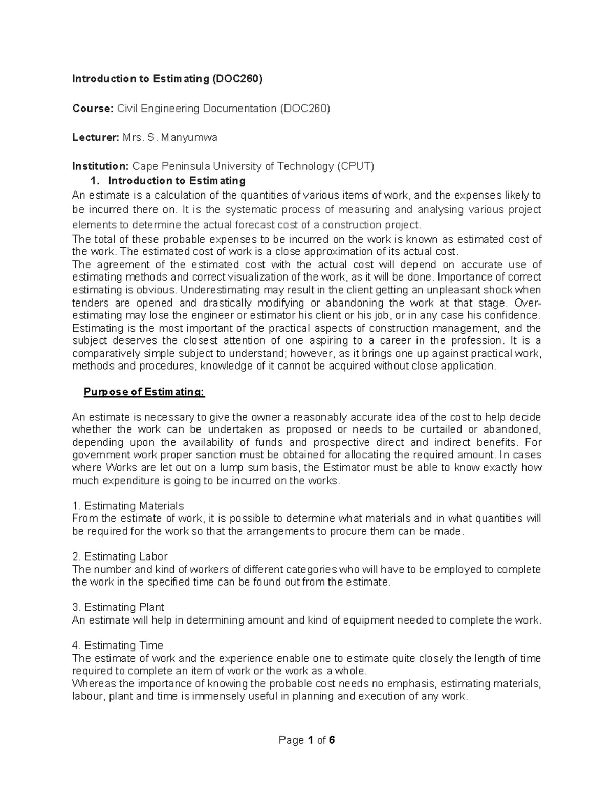 Estimating Techniques in Civil Engineering (DOC260) - Studocu