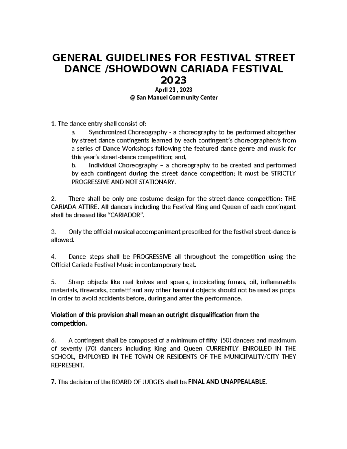 Guidelines for Cariada Street Dance Competition 2023 - Studocu