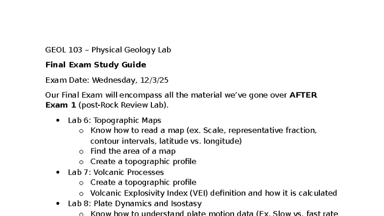 GEOL 103 Physical Geology Lab Final Exam Study Guide - Studocu