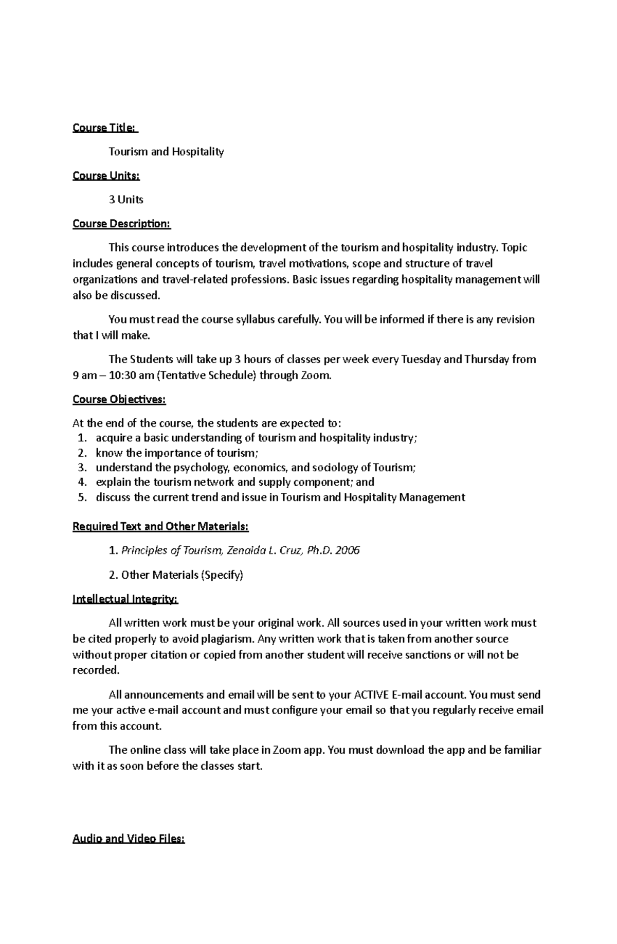 Tourism and Hospitality Course Outline - Course Title: Tourism and ...
