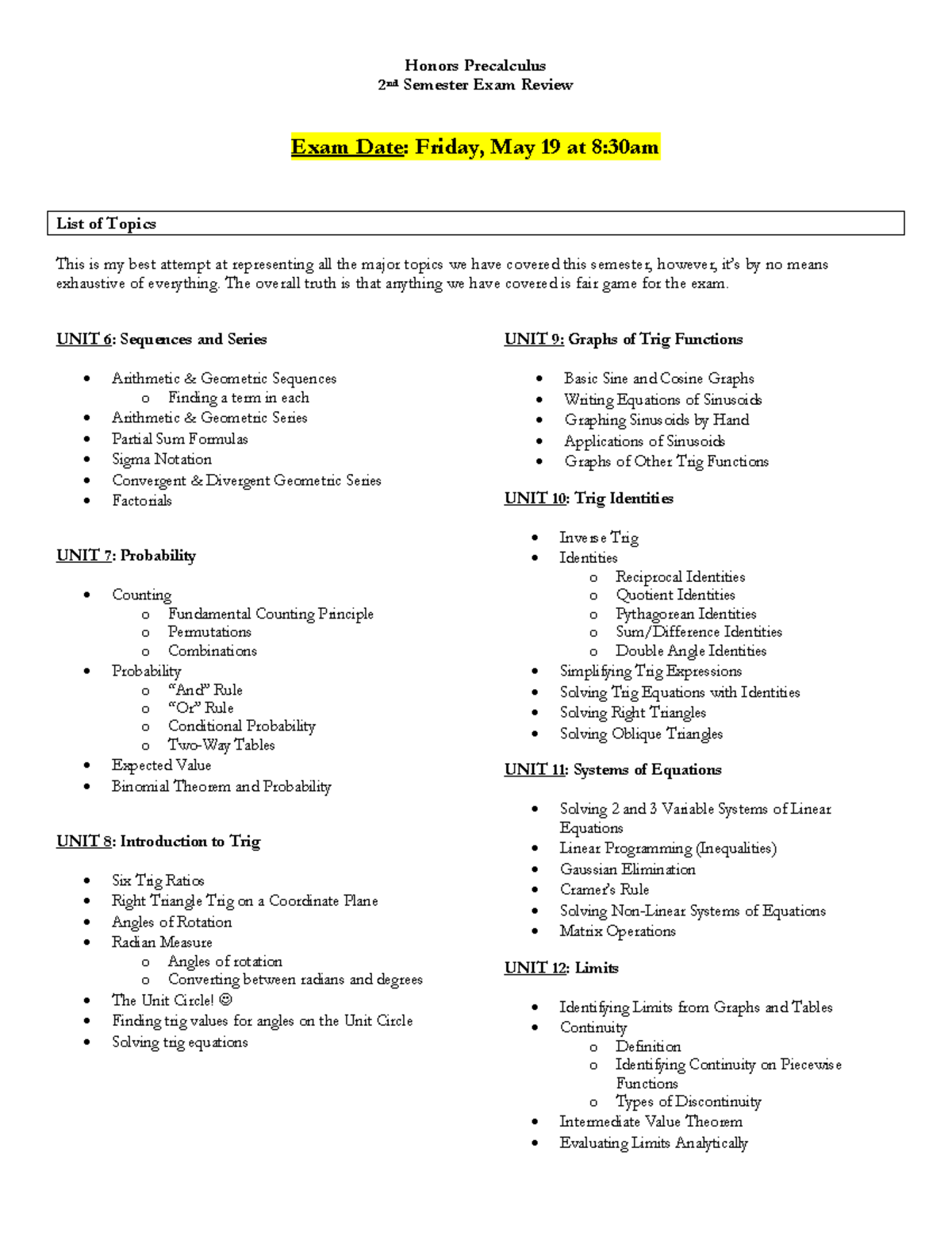 Honors Precalculus 2nd Sem Exam Review Notes 2023 - Studocu