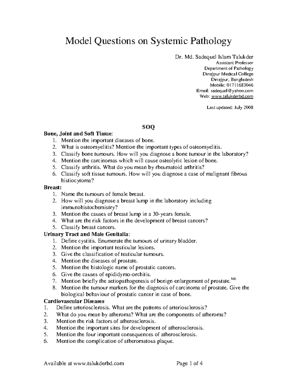 Systemic Pathology Model Questions for Review and Revision - Studocu