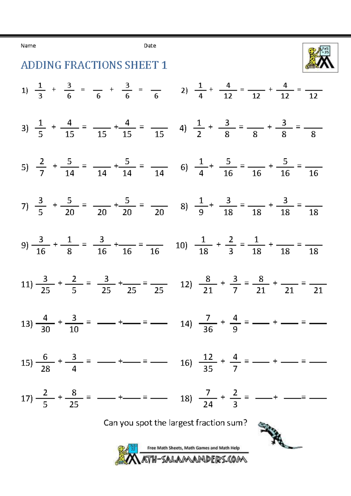 Adding Fractions Activity - Sheet 1 Analysis - Studocu