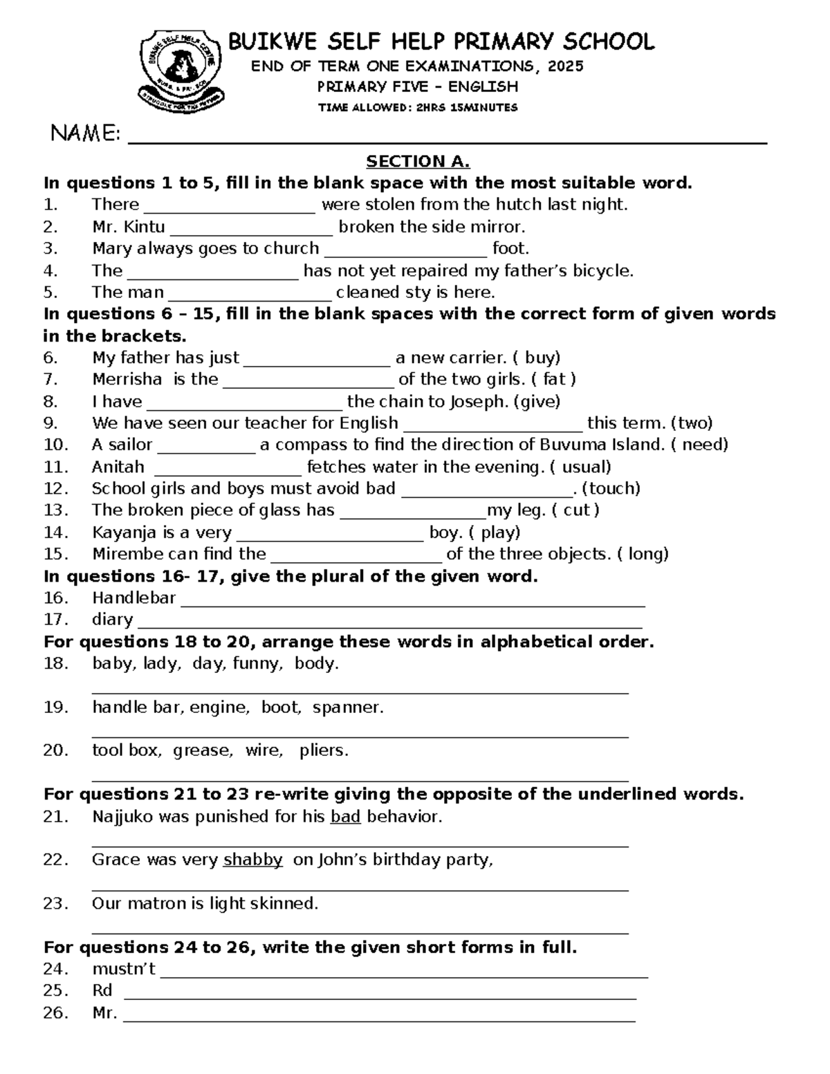P5 English - End of Term 1 Exam Revision, 2025 - Studocu
