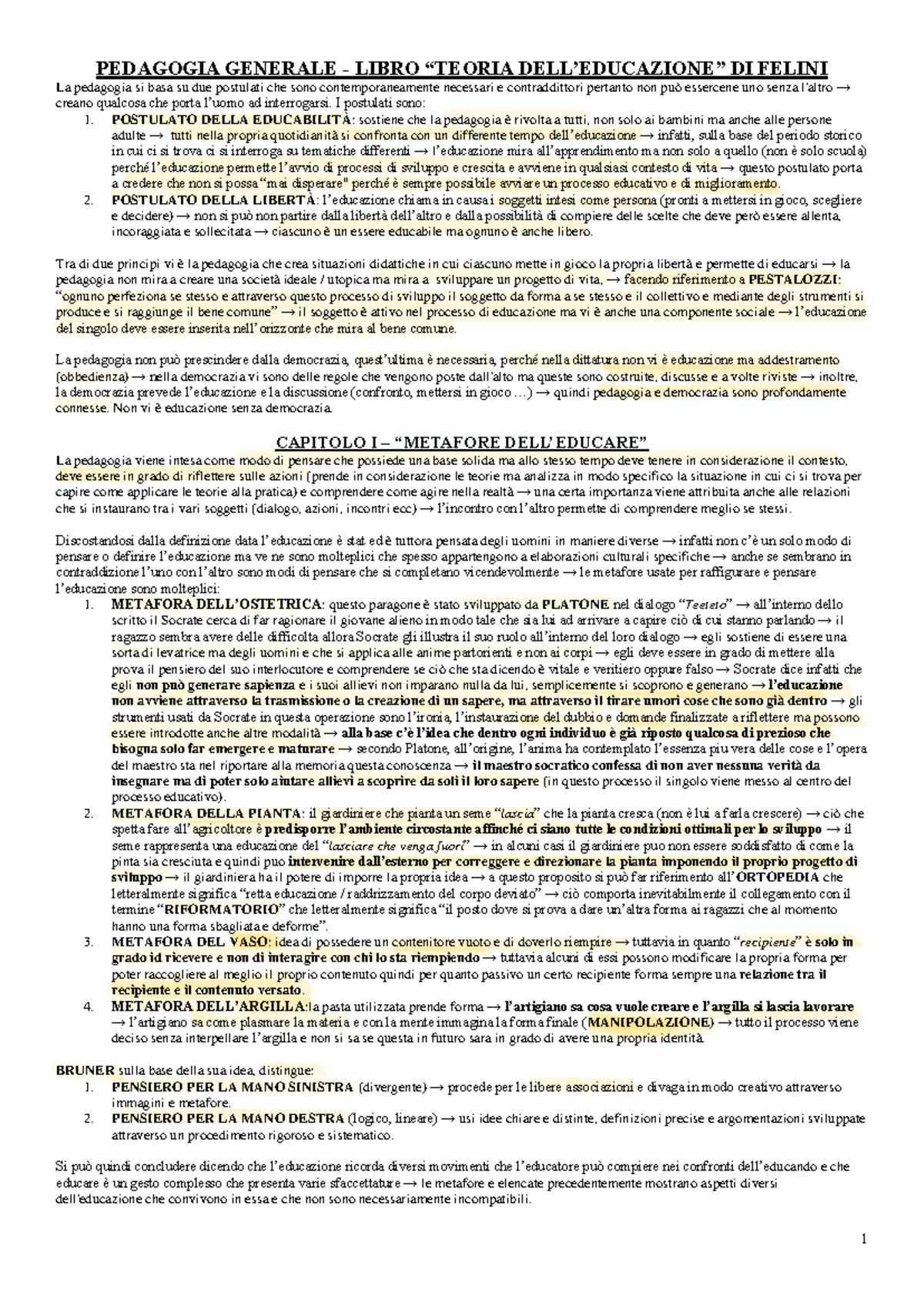 PEDAGOGIA GENERALE: Riflessioni e Metafore Educative - Libro 1 - Studocu