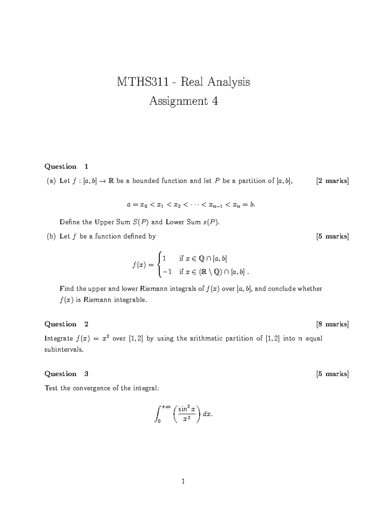 MTHS311 Real Analysis Assignment 4: Riemann Integrals & Convergence ...