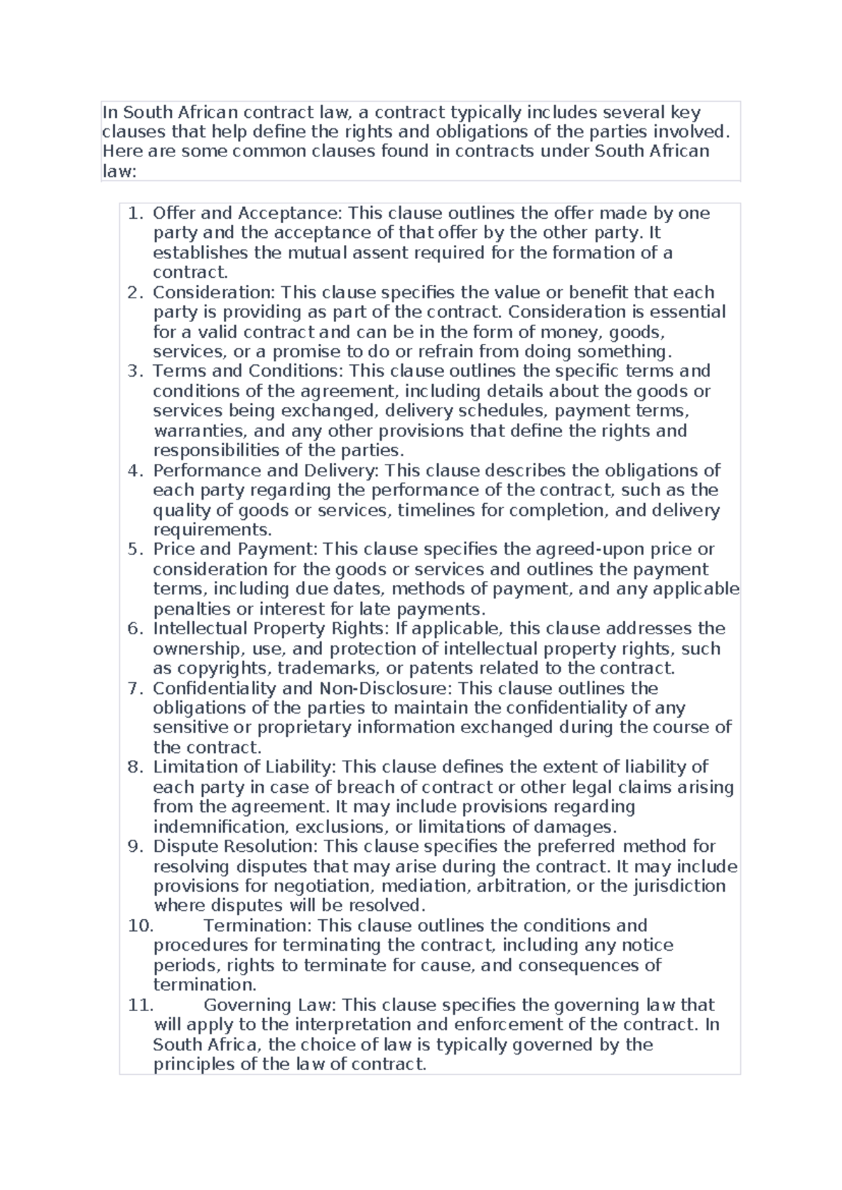 Contract Summary: Key Clauses in South African Law - Studocu