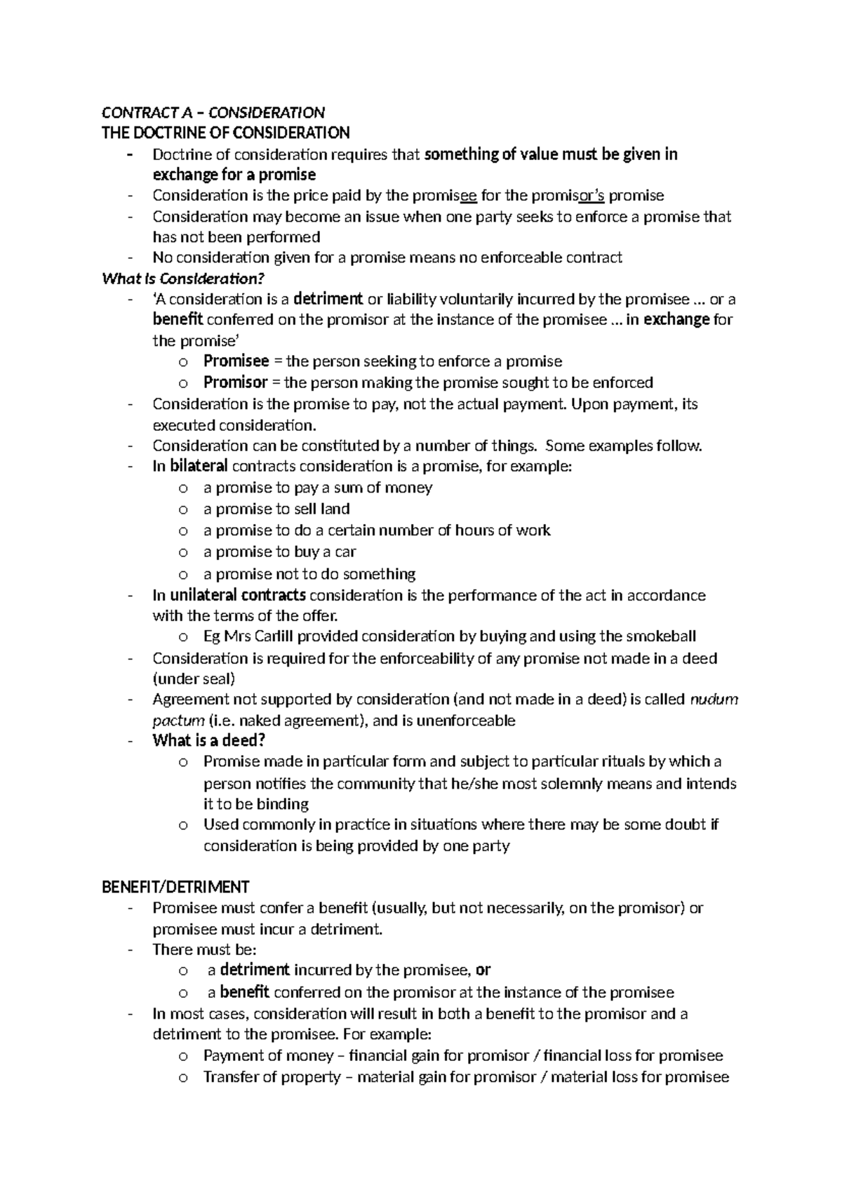 Contract Law 101: Understanding Consideration in Contracts - Studocu