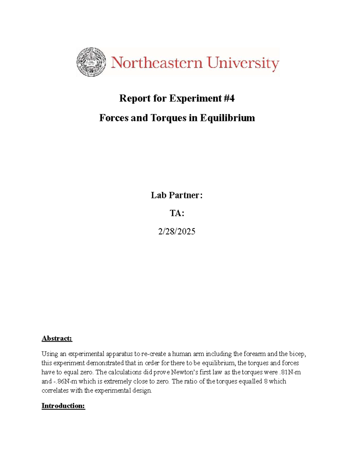 Physics Lab Report #4: Forces and Torques in Equilibrium (Josephine ...