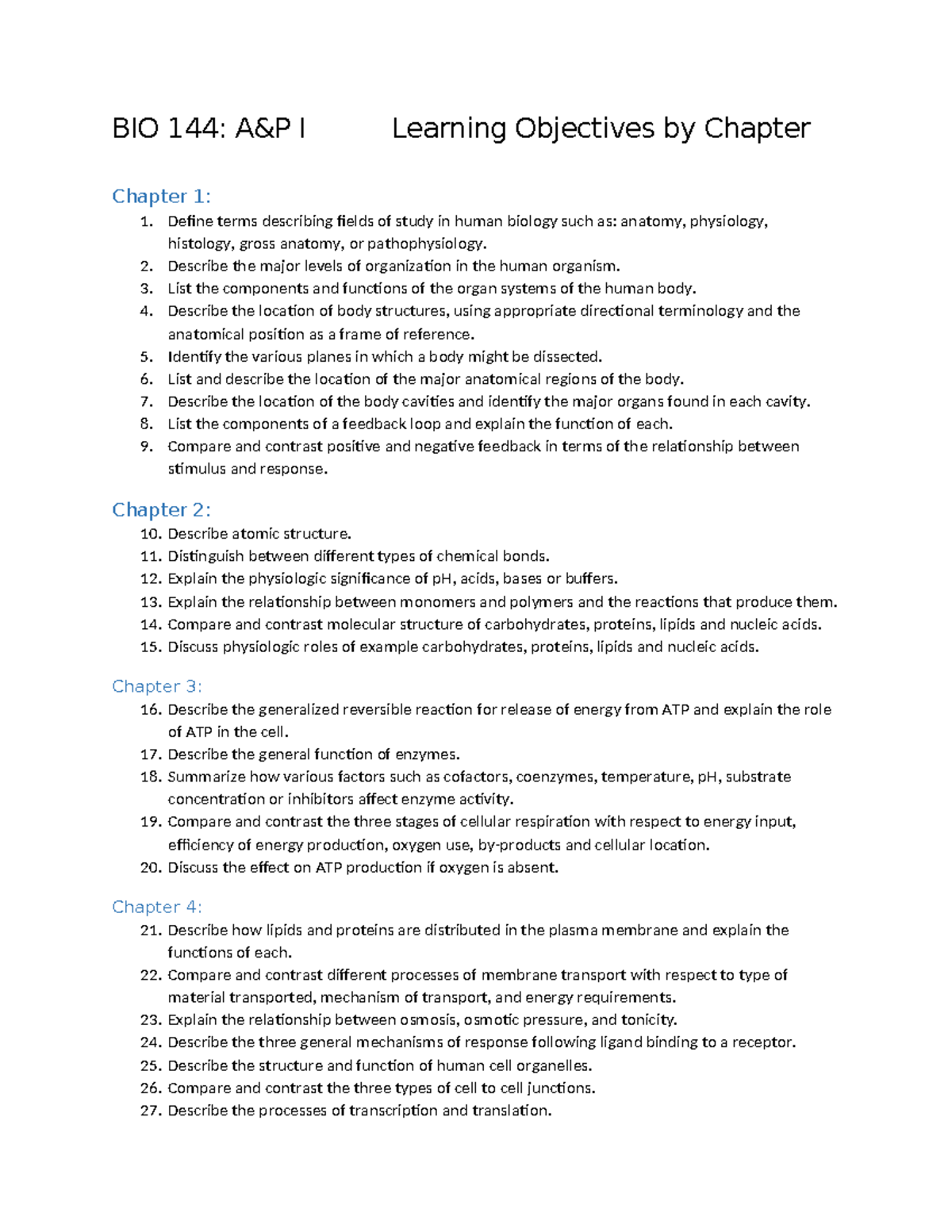 BIO 144: Learning Objectives for Human Biology Chapters 1-16 - Studocu