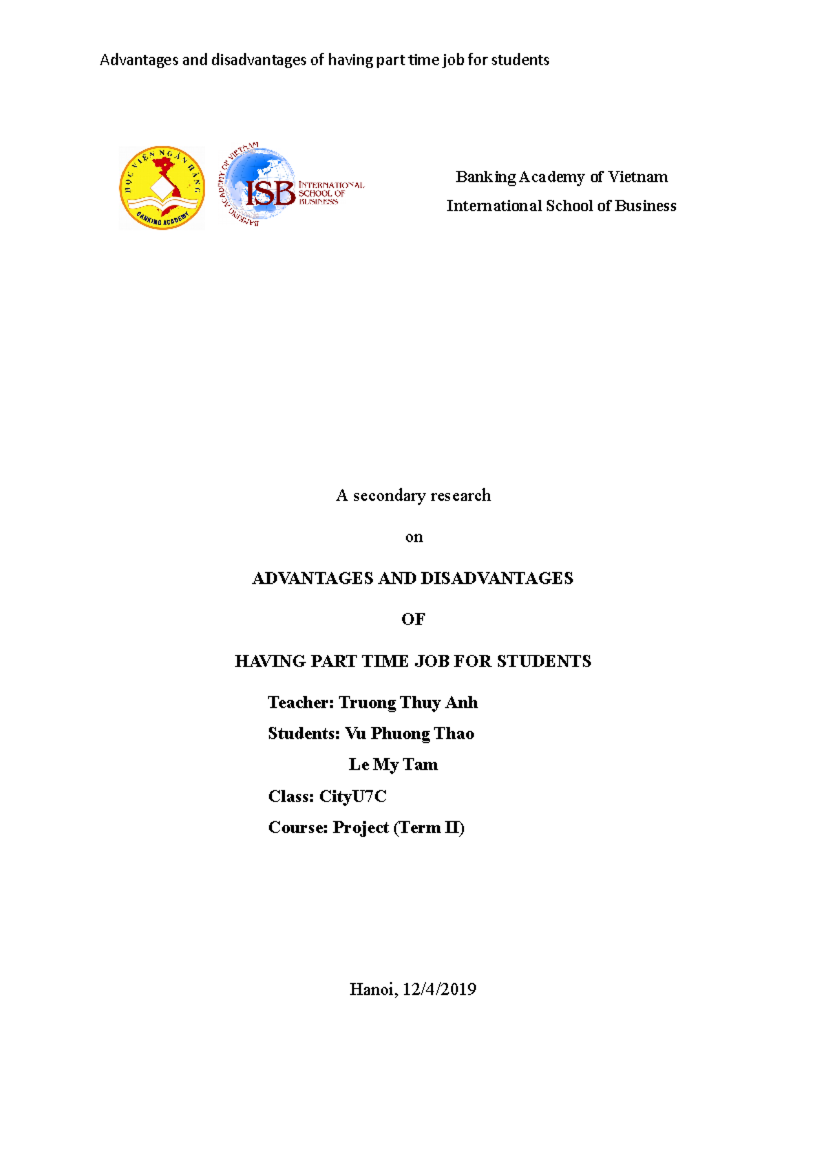 Class City U 7C Research by Vu Thao Tam - Banking Academy of Vietnam ...