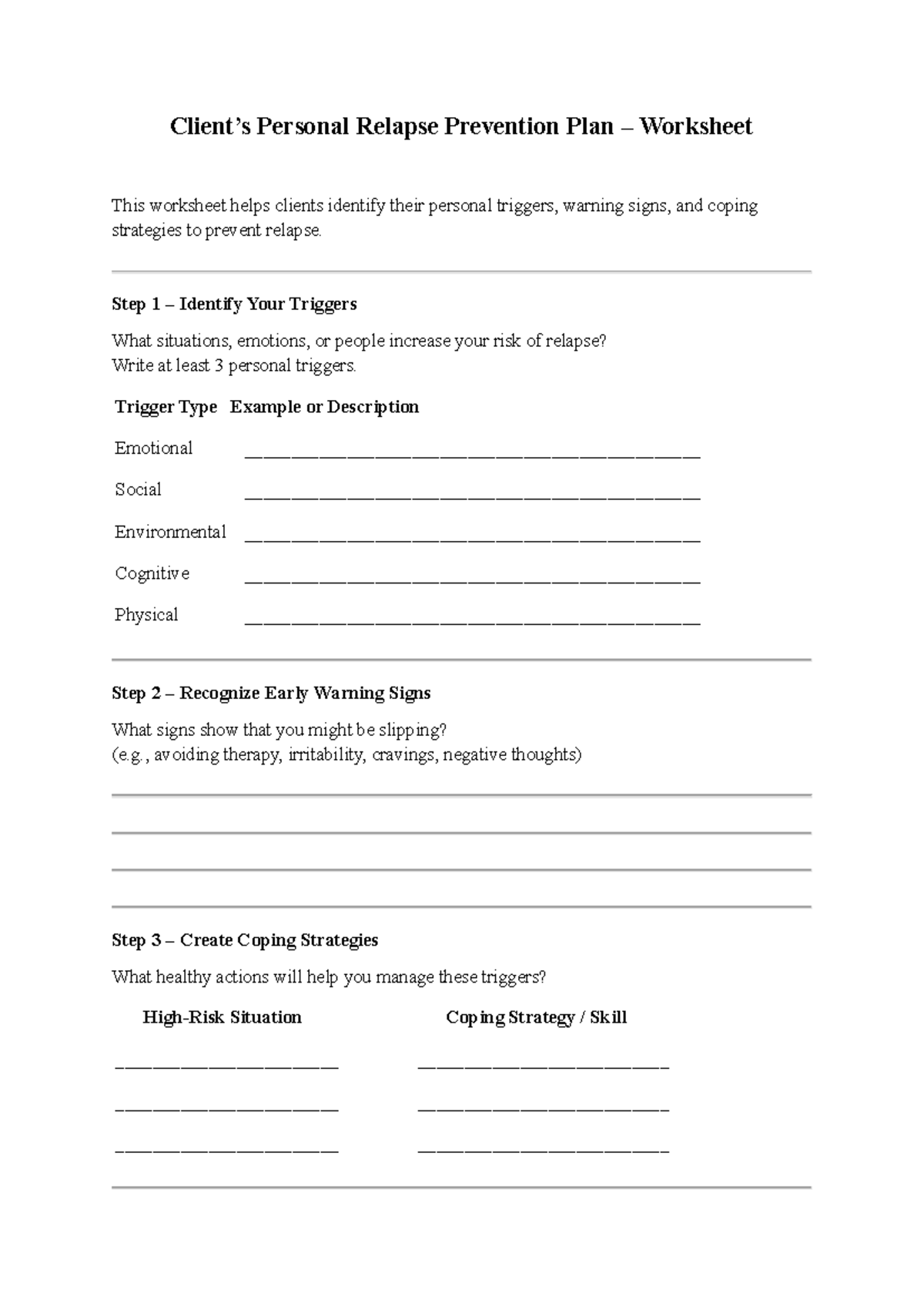 Printable Relapse Prevention Worksheets Relapse Prevention Worksheets