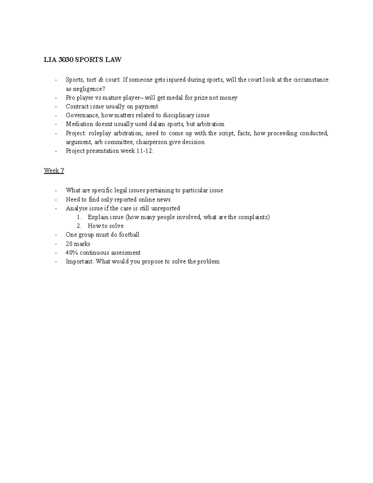 LIA 3030 Sports law notes: Understanding torts, negligence, and doping ...