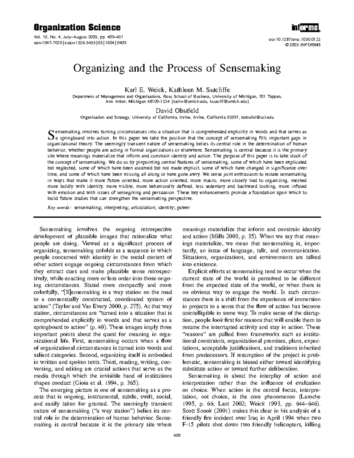 Organizational Sensemaking and Its Core Elements: Weick's Insights