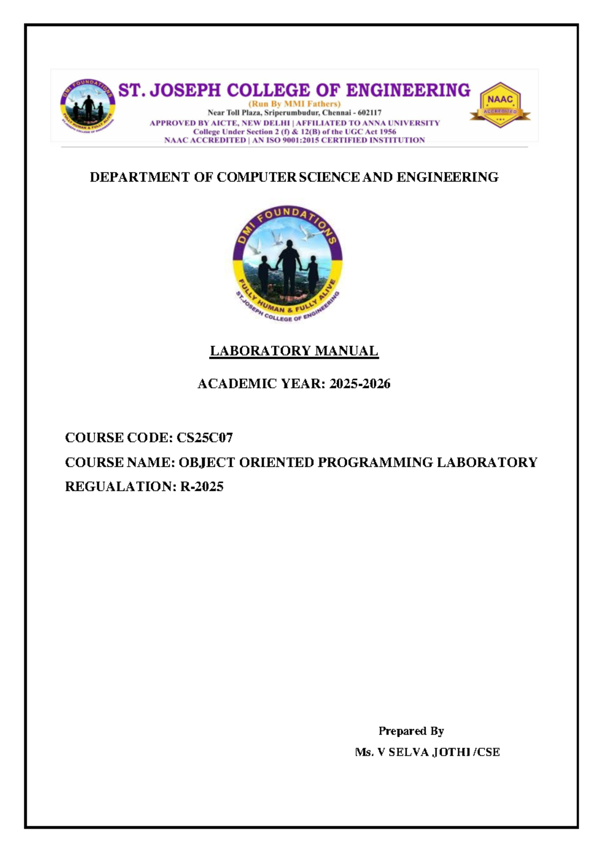 Oops Lab Manual - CS25C07: Object Oriented Programming - Studocu
