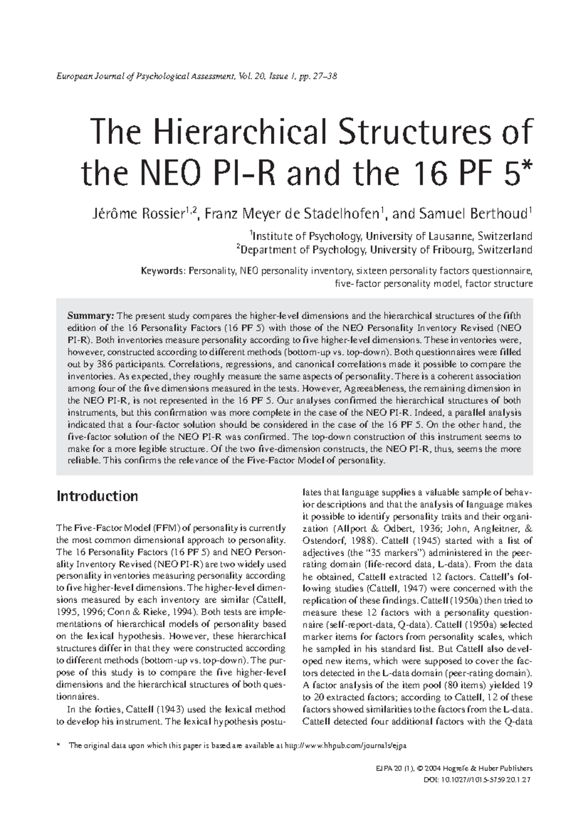 Comparison of Hierarchical Structures: NEO PI-R and 16 PF 5 (EJPA 20 ...