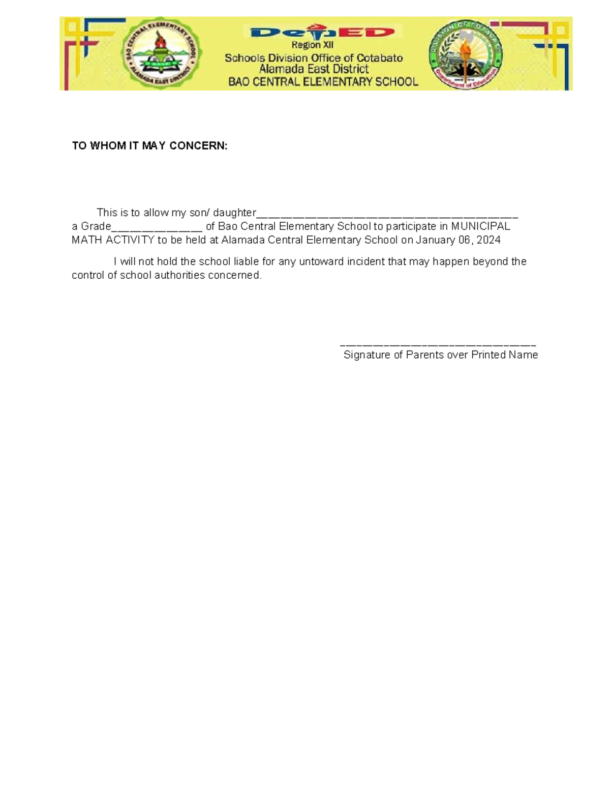 Math parent consent - simple - Bachelor of Science in Architecture - TO ...