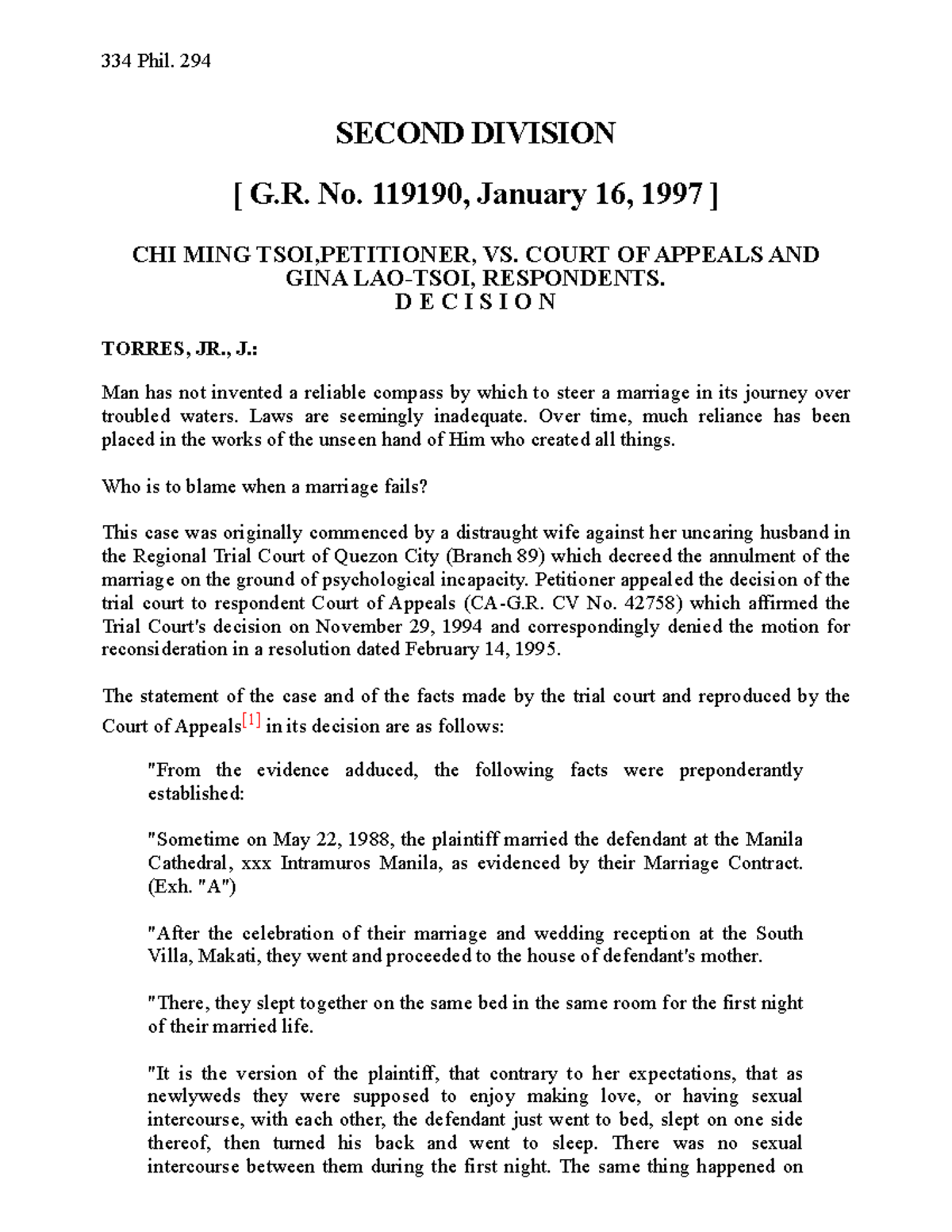 G.R. No. 119190: Annulment Case on Psychological Incapacity - Studocu