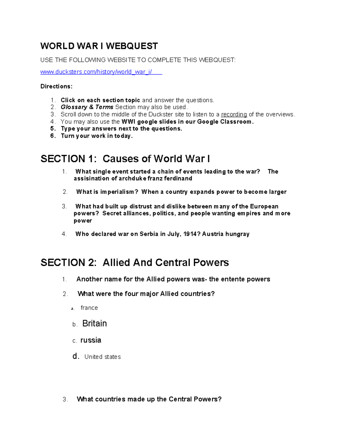 Copy of World WAR I Webquest For 2023 2024 Name - WORLD WAR I WEBQUEST ...