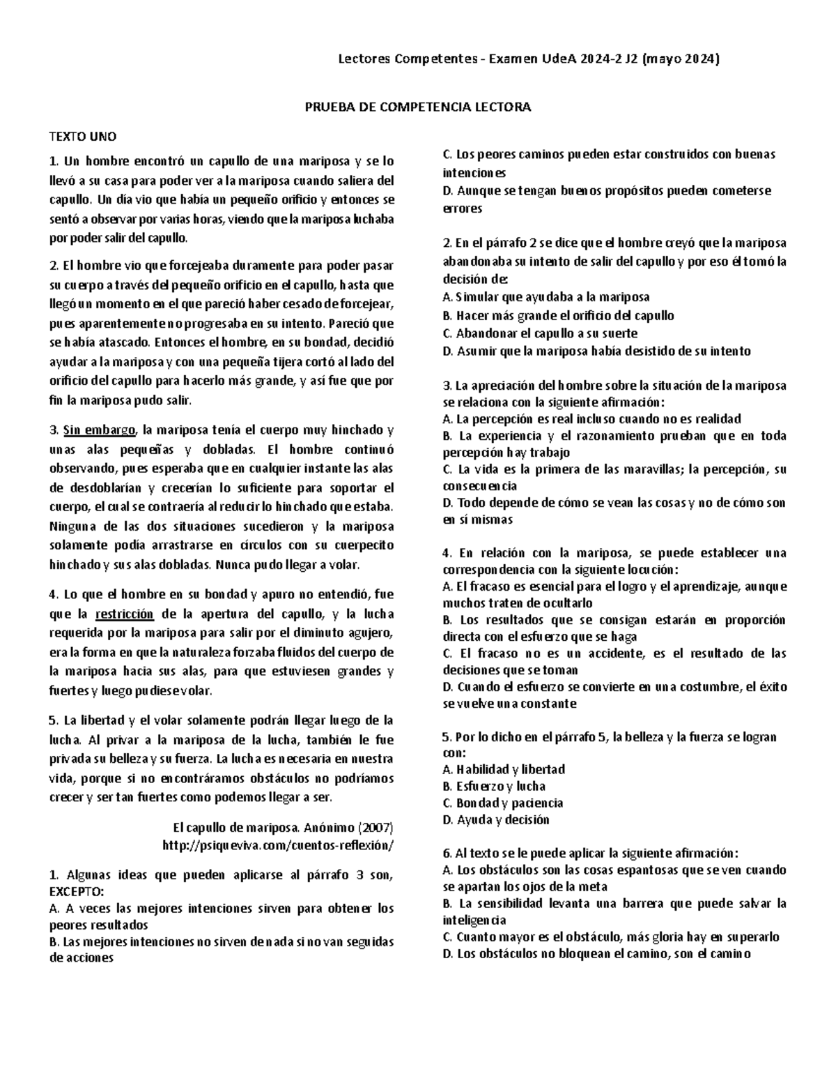 Prueba de Competencia Lectora UdeA 2024-2 J2: Análisis de Textos - Studocu