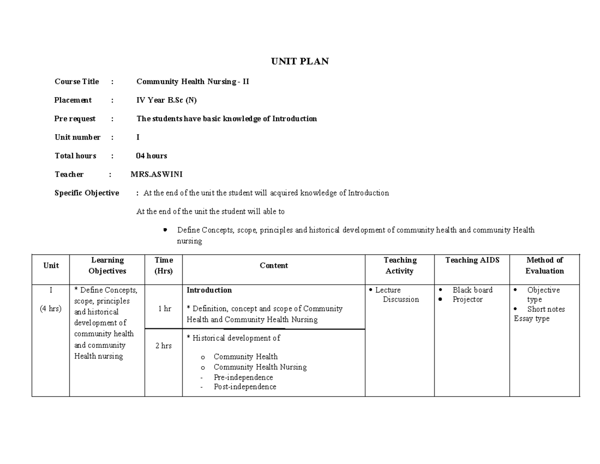Community Health Nursing II Unit Plan - IV Year B.Sc (N) - Studocu