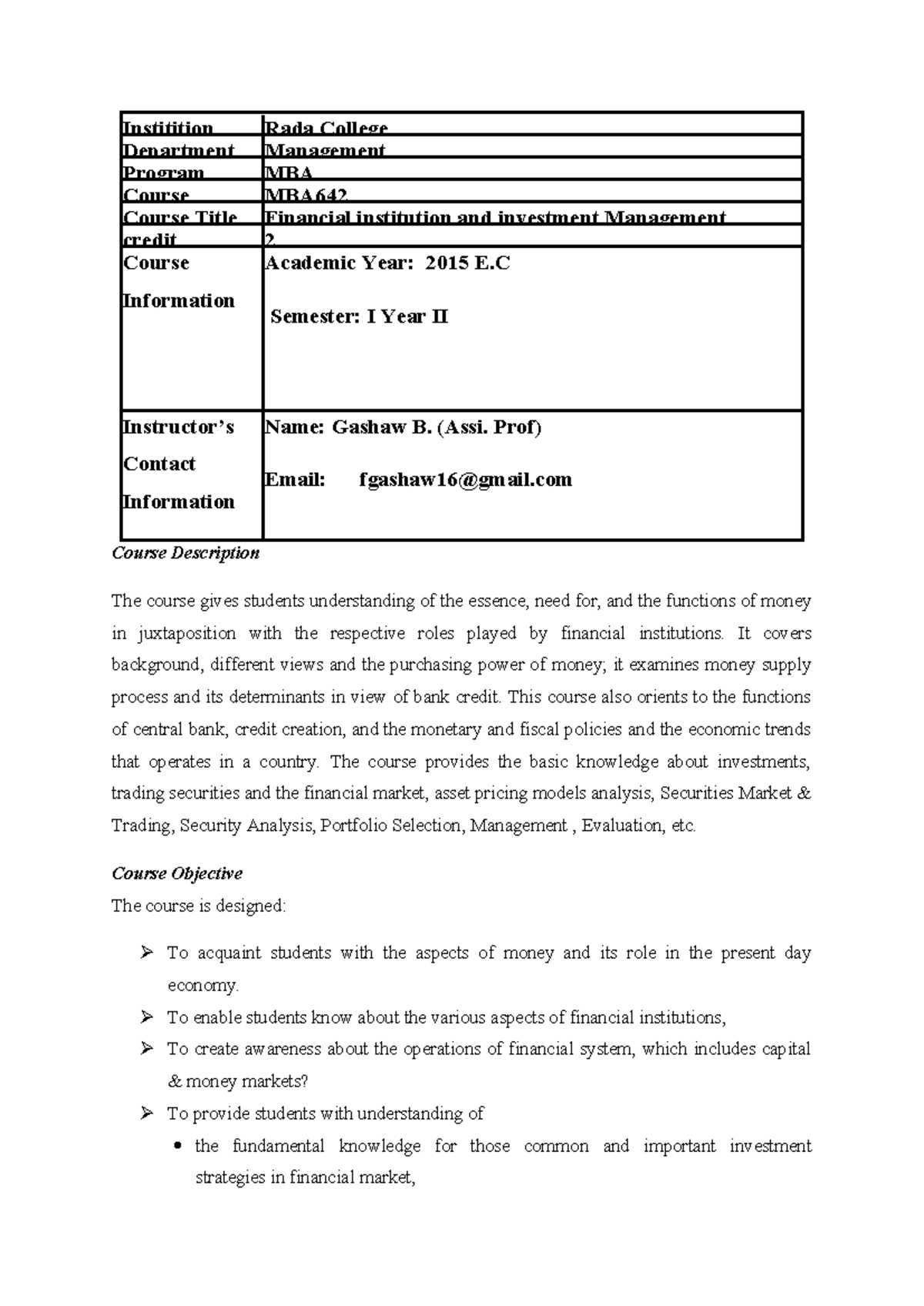 MBA Course Outline: Financial Institution and Investment Management ...