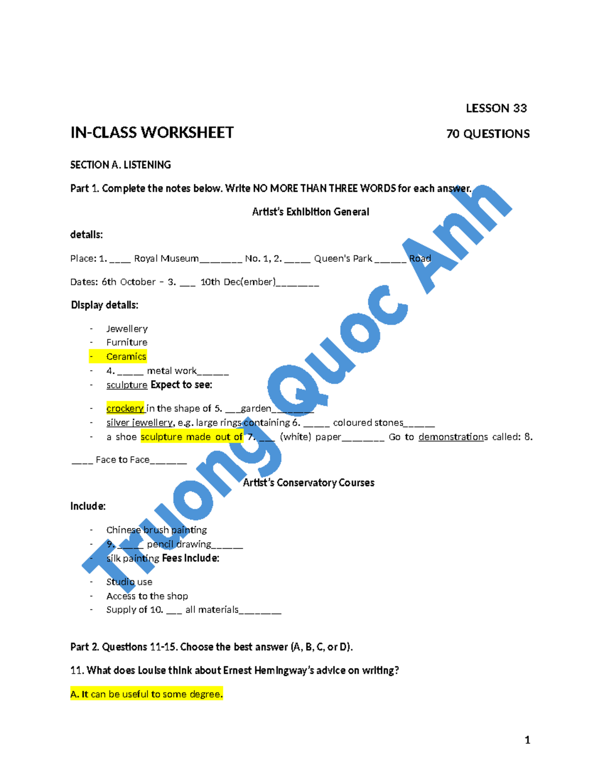 [CHT] Lesson 33 Worksheet: Listening & Vocabulary Practice - Studocu