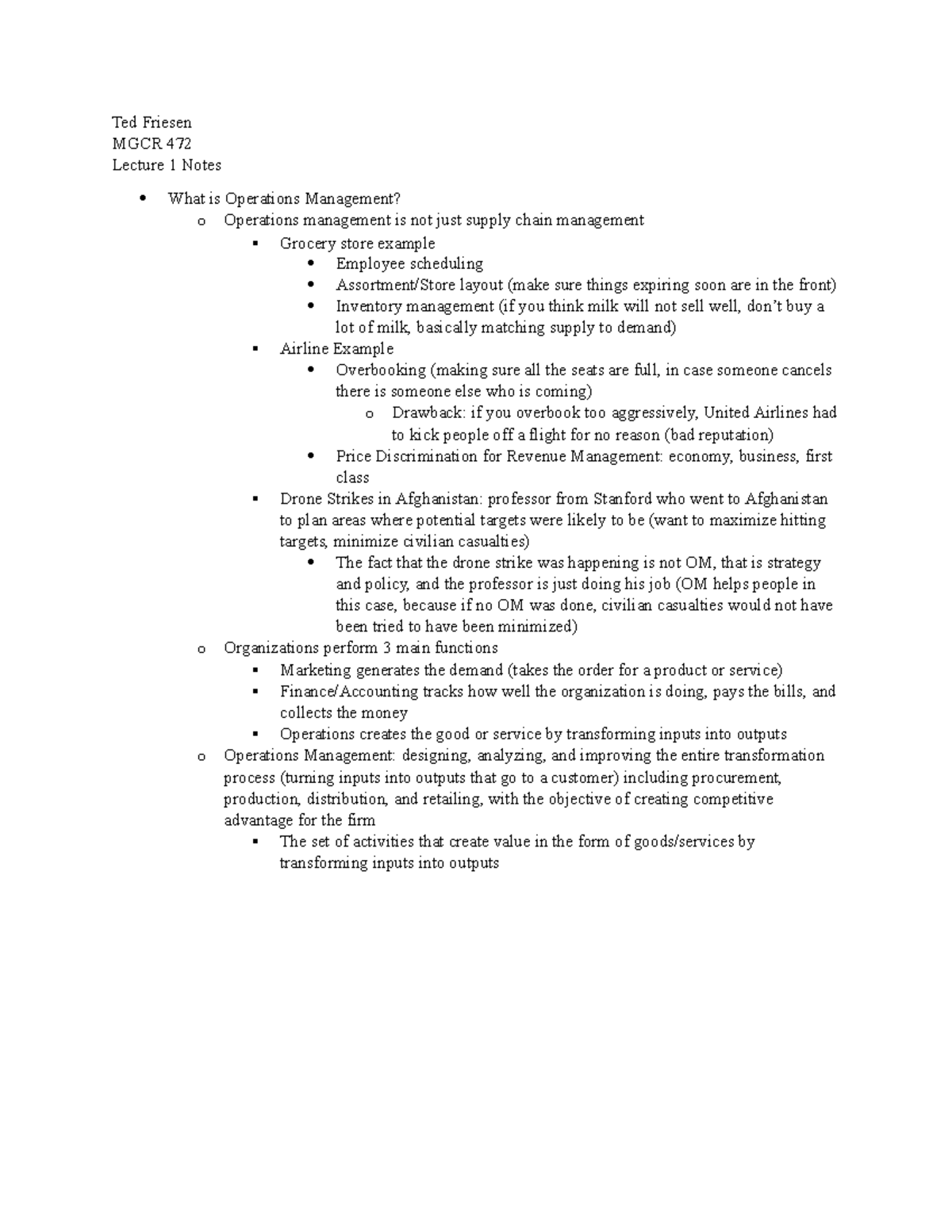 MGCR 472 Lecture 1 Notes: Introduction to Operations Management - Studocu