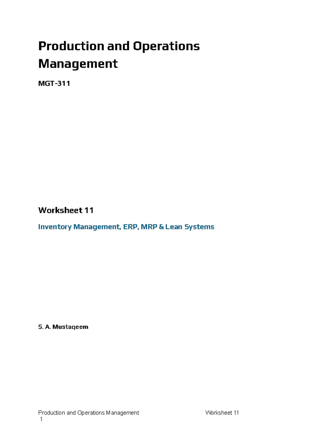Production and Operations Management 1: Worksheet 11 on Inventory ...