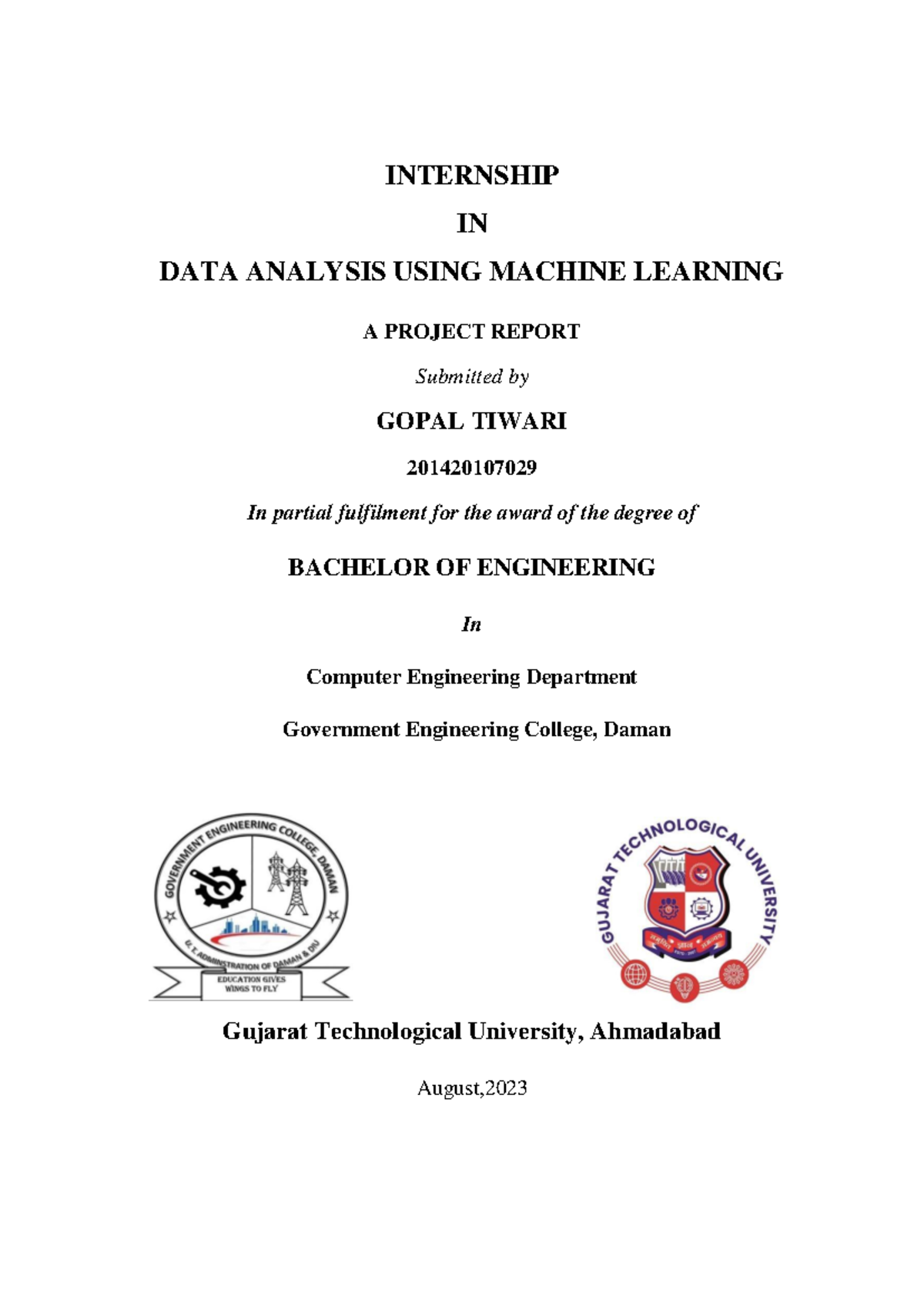 Internship Project Report: Data Analysis Using ML - BE Comp Engg (2023 ...