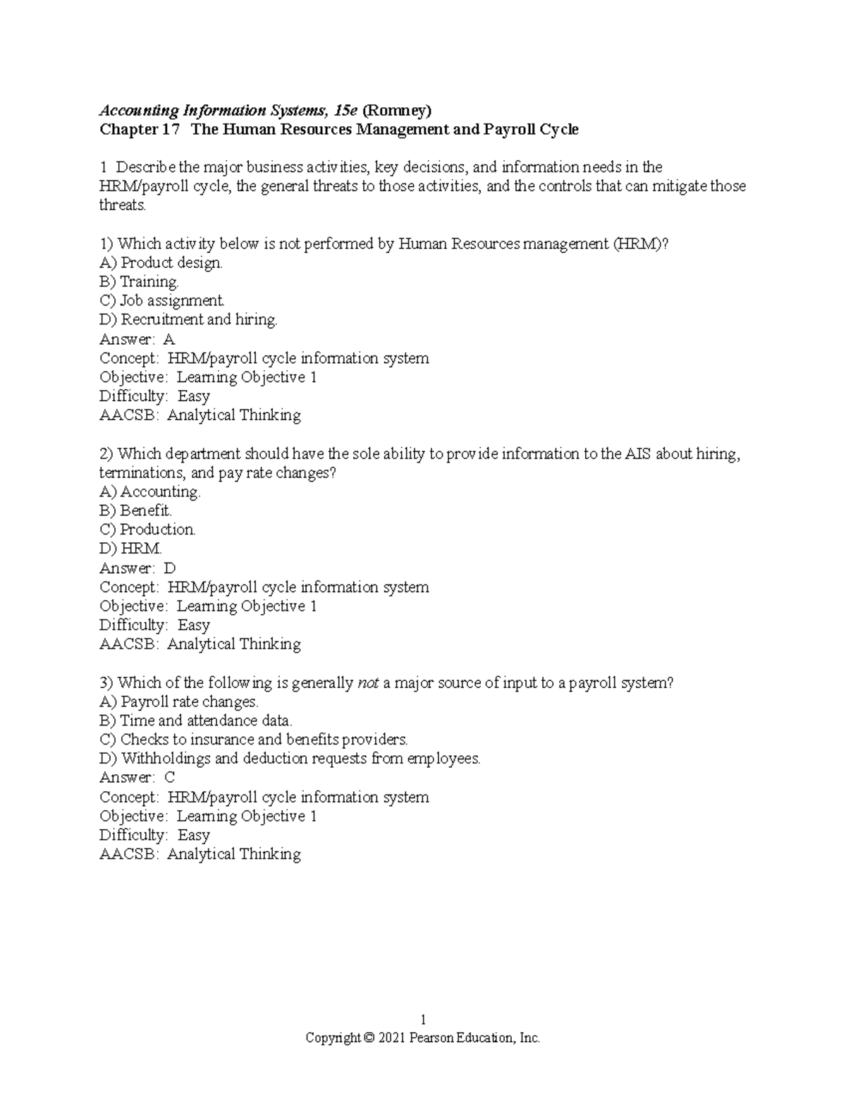 Chapter 17 - HRM and Payroll Cycle Test Bank (ACCT 15e) - Studocu