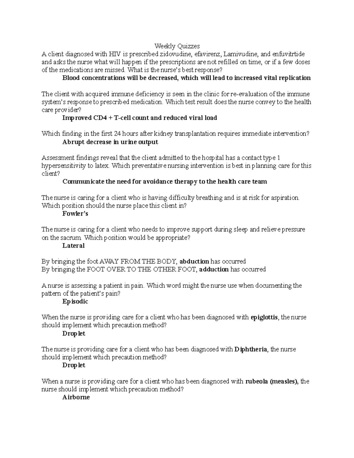 Nursing 101: Weekly Quiz Questions and Key Answers - Studocu