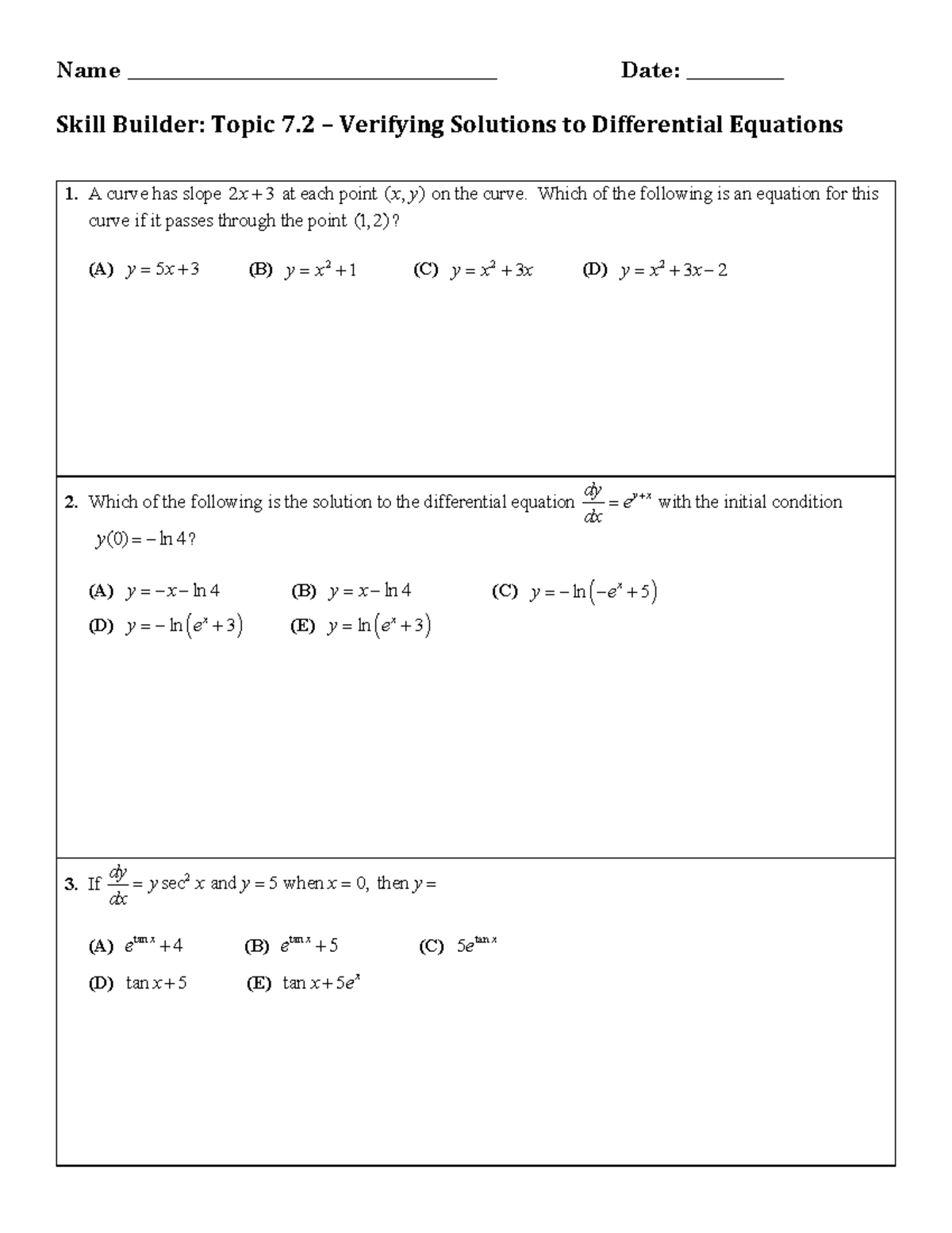 1 Verifying Solutions to Differential Equations Homework - Name