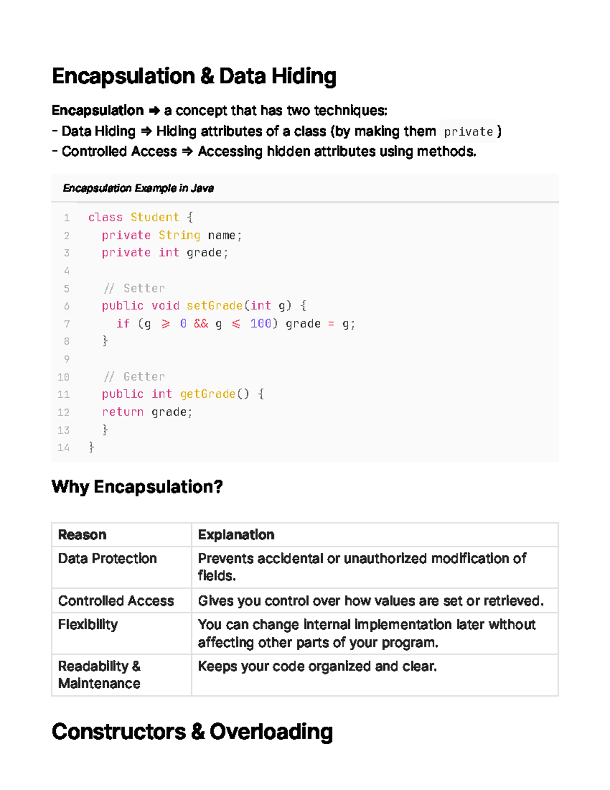 02 Encapsulation, Constructors & Overloading in Java - Studocu