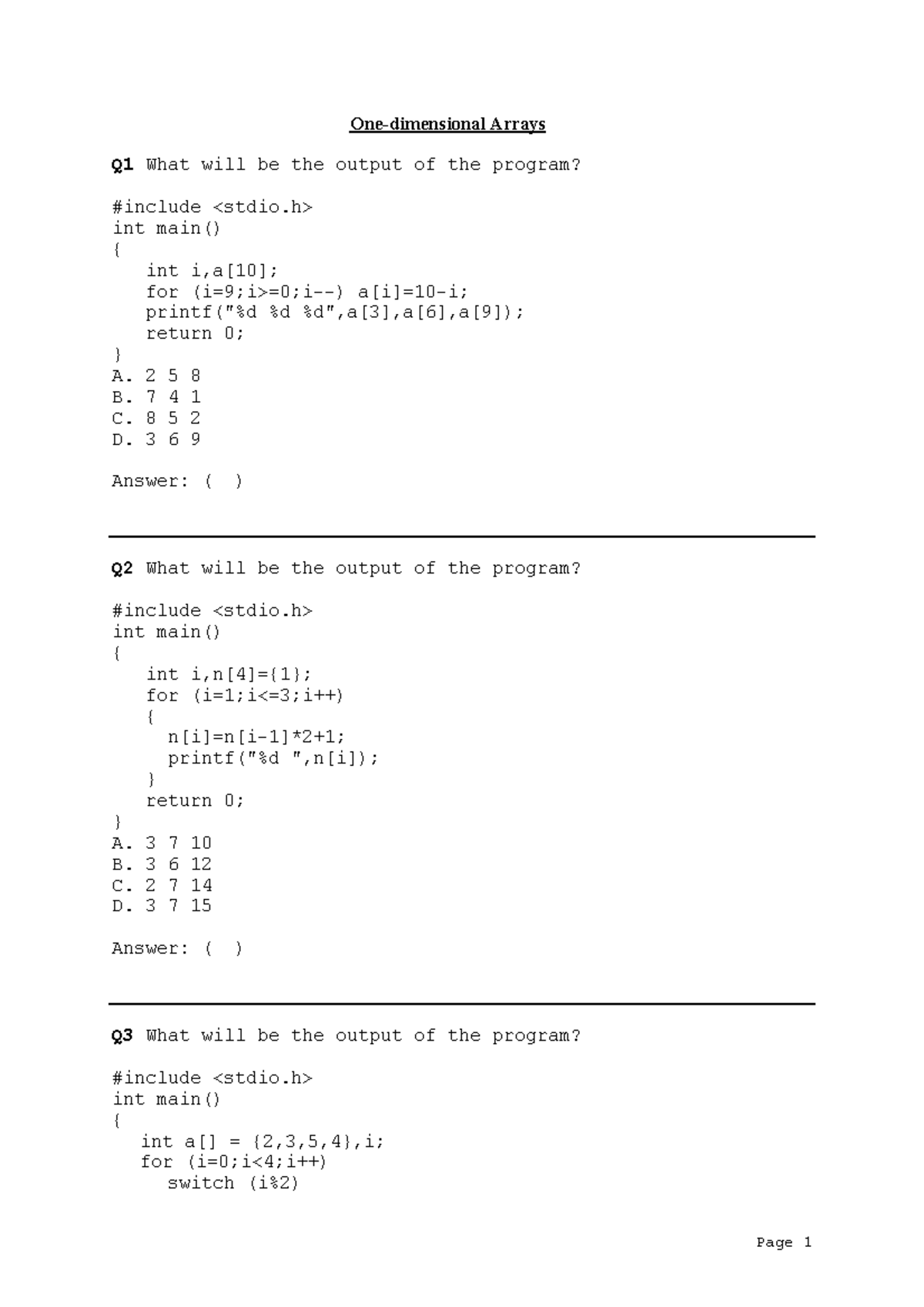 5 - One-Dimensional Arrays - MCQ Questions (Arrays) - Studocu