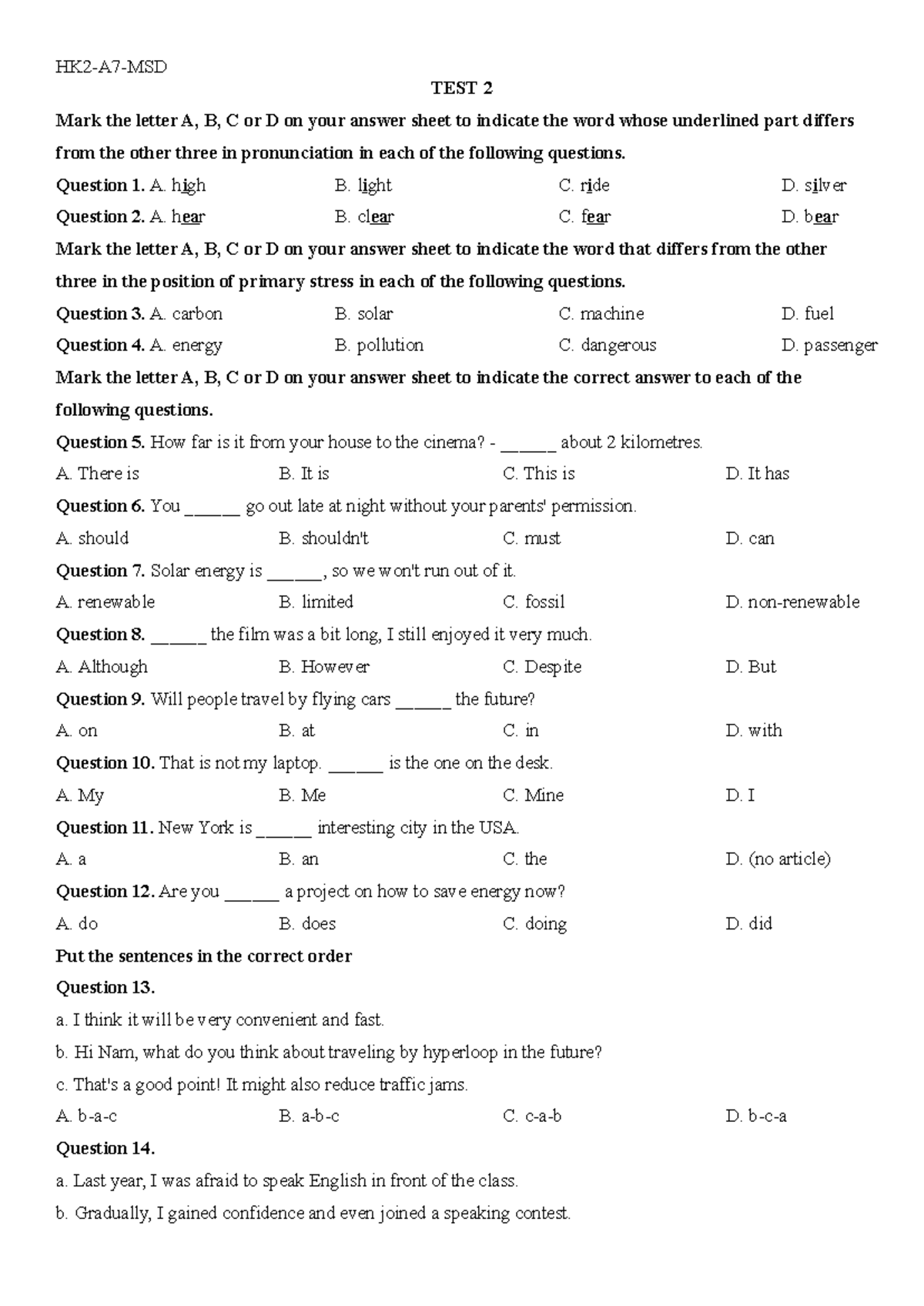 HK2 TEST 2 - Pronunciation and Grammar Practice Exam - Studocu